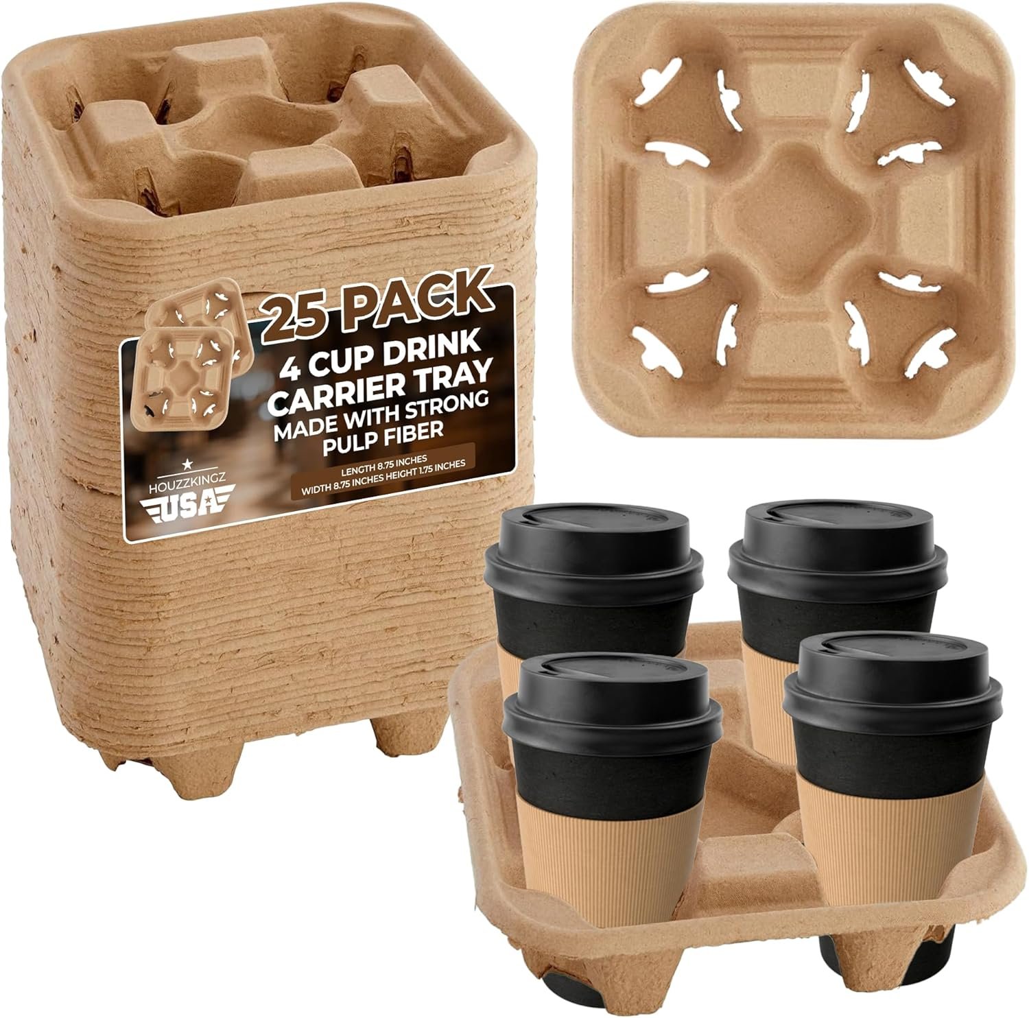 Logo Personalizzato Portabicchieri 4 Posti 8-32 oz | Vassoio 25 Posti per Consegne Bevande Calde Fredde Marchio Bianco – Monouso Compostabile Fibra Polpa Ristoranti Caffè Uber Eats Fornitore