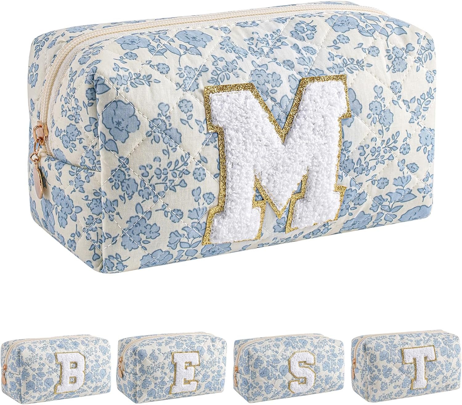 Fornitore Borsa Trucco con Logo Personalizzato Alfabeto Floreale Coquette per Donne e Ragazze 6-18 Regalo Natale Organizer Viaggio Zip Blu Floreale M Marchio Bianco