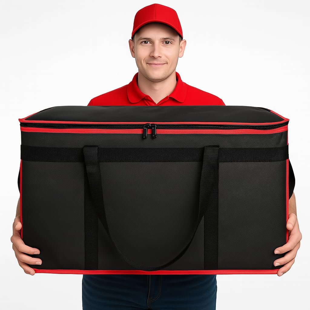 Borsa Termica Isolante XXX-Large Direttamente dalla Fabbrica con Logo Personalizzato per Pasti Caldi/Freddi Catering/Consegne Scaldapizza Borse Spesa Borsa Frigo Scaldavivande Feste Marchio Bianco Nero-Rosso 1Pz