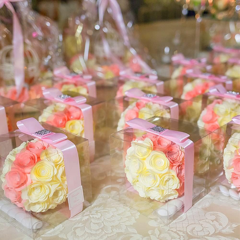 Logo Personalizzato Confezione 45 Scatoline Trasparenti Cubo 3x3x3 Pollici con Nastri per Caramelle Bomboniere Regali Bombe Cacao Marchio Bianco Produttore