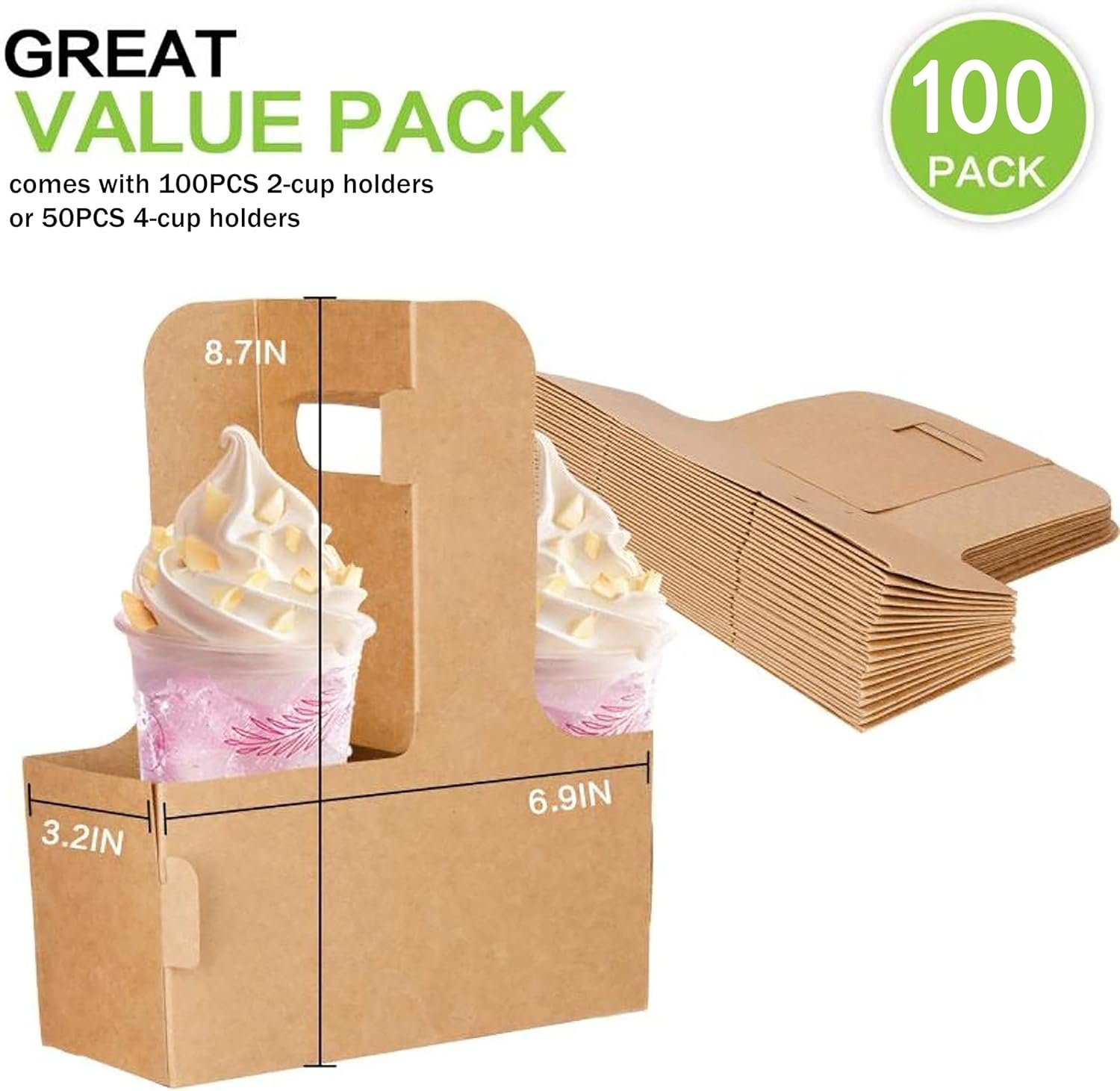 Produttore Portabevande Cartone Kraft con Manici Logo Personalizzato per 2 o 4 Bicchieri Assemblabili Monouso 100 Pz Marchio Bianco