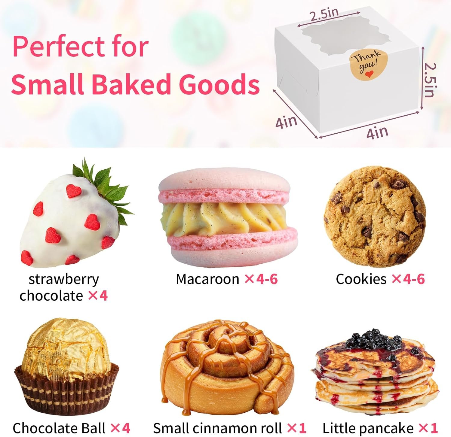 Marchio Bianco Scatole Biscotti Bianche 24 pz 4x4x2.5 Pollici 10x10x6,5 cm con Finestra Logo Personalizzato per Tortine Dolcetti Dessert Pasticceria Donuts Macarons Fragole Cioccolato Caramelle con Adesivi Fornitore