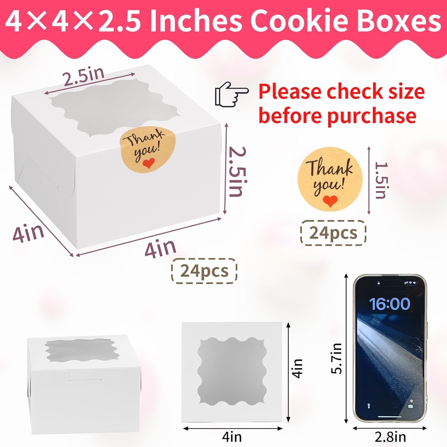 Marchio Bianco Scatole Biscotti Bianche 24 pz 4x4x2.5 Pollici 10x10x6,5 cm con Finestra Logo Personalizzato per Tortine Dolcetti Dessert Pasticceria Donuts Macarons Fragole Cioccolato Caramelle con Adesivi Fornitore