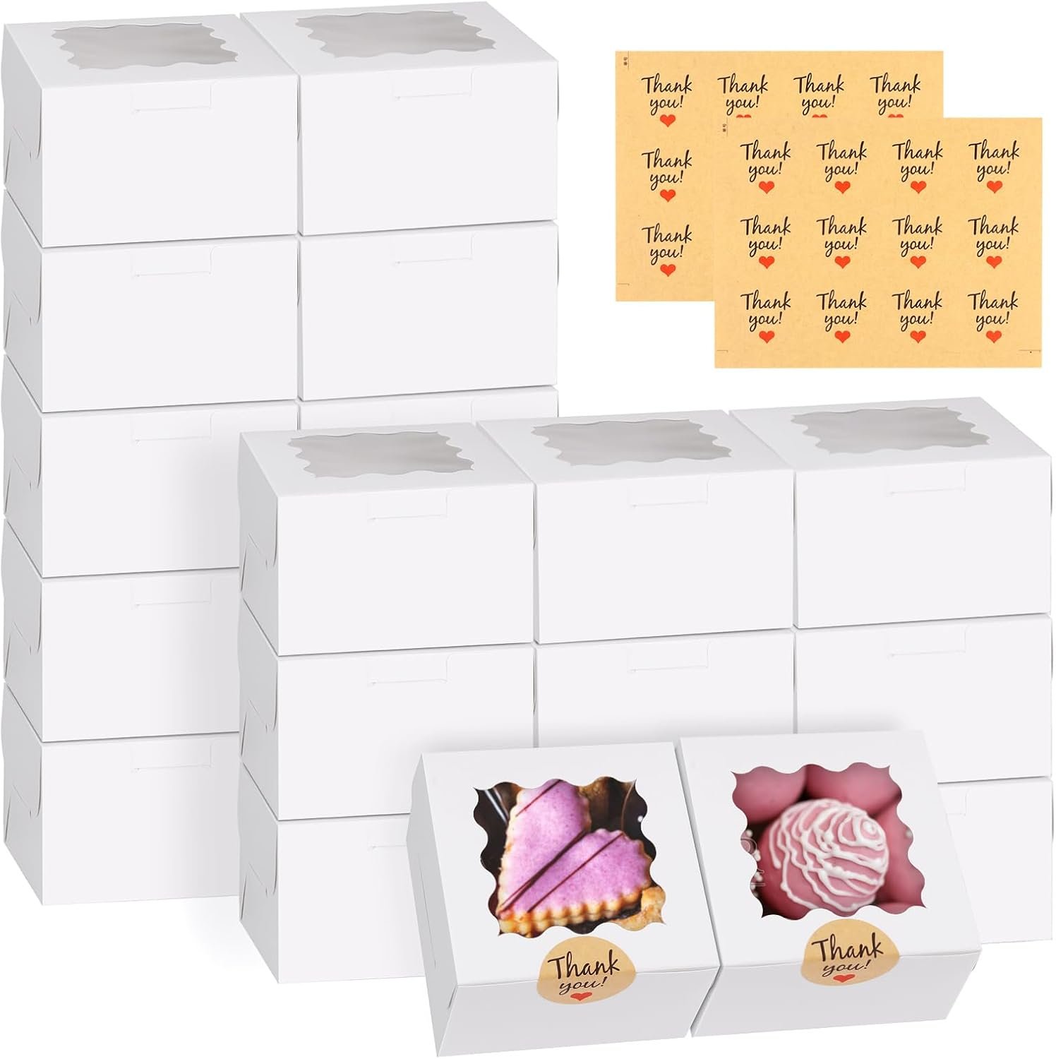 Marchio Bianco Scatole Biscotti Bianche 24 pz 4x4x2.5 Pollici 10x10x6,5 cm con Finestra Logo Personalizzato per Tortine Dolcetti Dessert Pasticceria Donuts Macarons Fragole Cioccolato Caramelle con Adesivi Fornitore