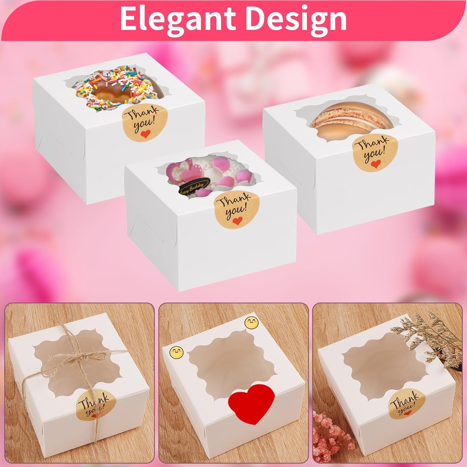 Marchio Bianco Scatole Biscotti Bianche 24 pz 4x4x2.5 Pollici 10x10x6,5 cm con Finestra Logo Personalizzato per Tortine Dolcetti Dessert Pasticceria Donuts Macarons Fragole Cioccolato Caramelle con Adesivi Fornitore