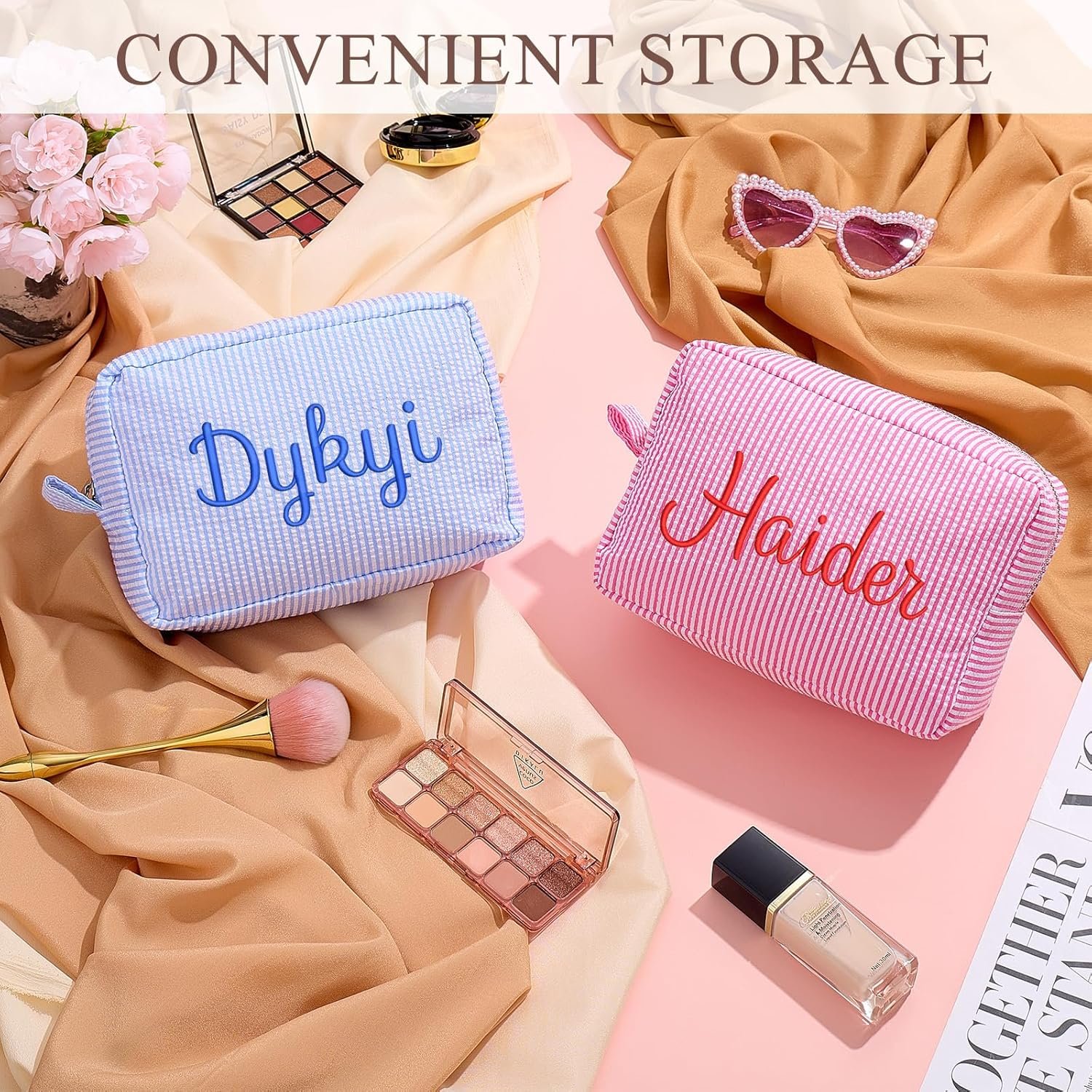 Produttore Borse Cosmetiche Personalizzate con Logo Personalizzato e Nome Carine in Seersucker per Donne e Ragazze Borsa Viaggio Damigella Organizer Astuccio Motivo Carino Abbinabile Borse da Viaggio Marchio Bianco