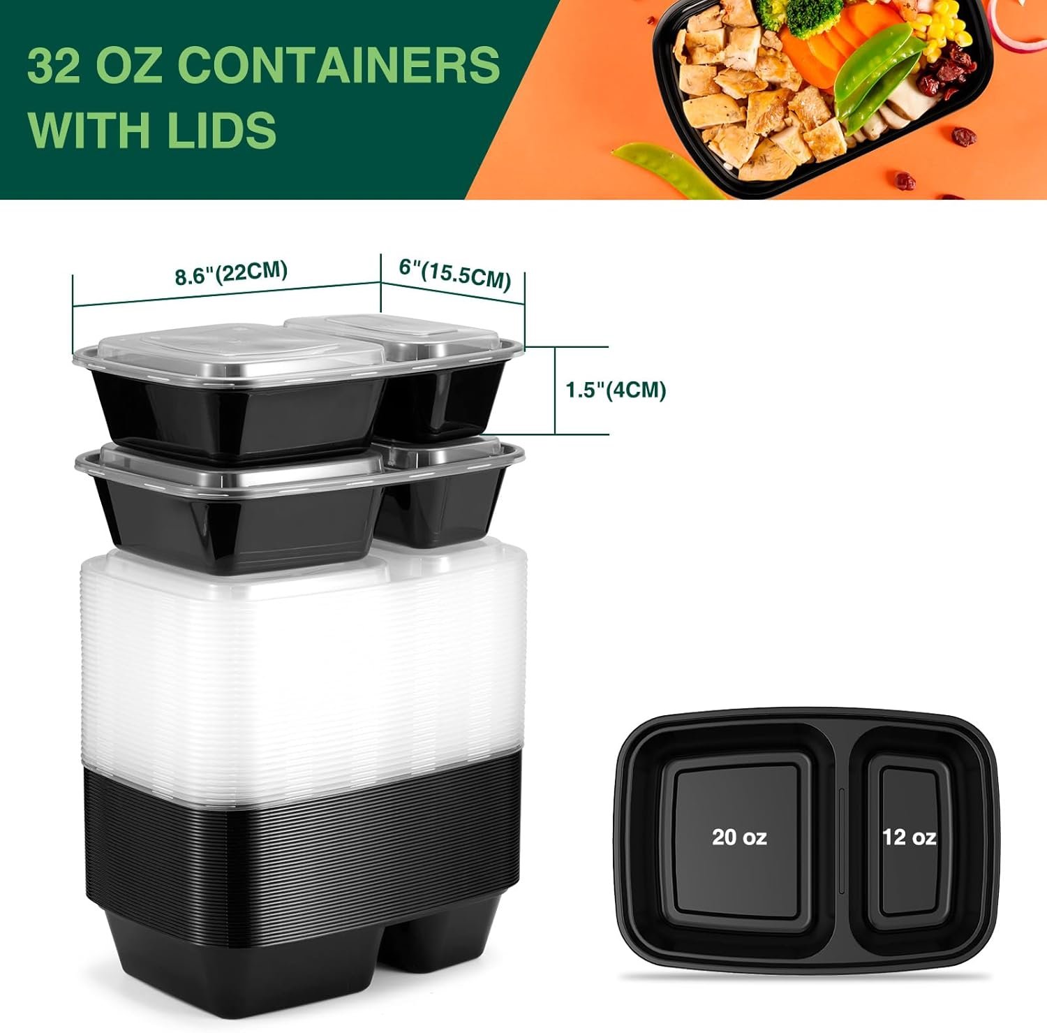 Marchio Bianco confezione da 50 (100 pezzi) contenitori per preparazione pasti 32 oz robusti a tenuta stagna con 2 scomparti e coperchi in plastica per conservazione alimenti pranzo con Logo Personalizzato sicuri microonde freezer lavastoviglie Fornitore