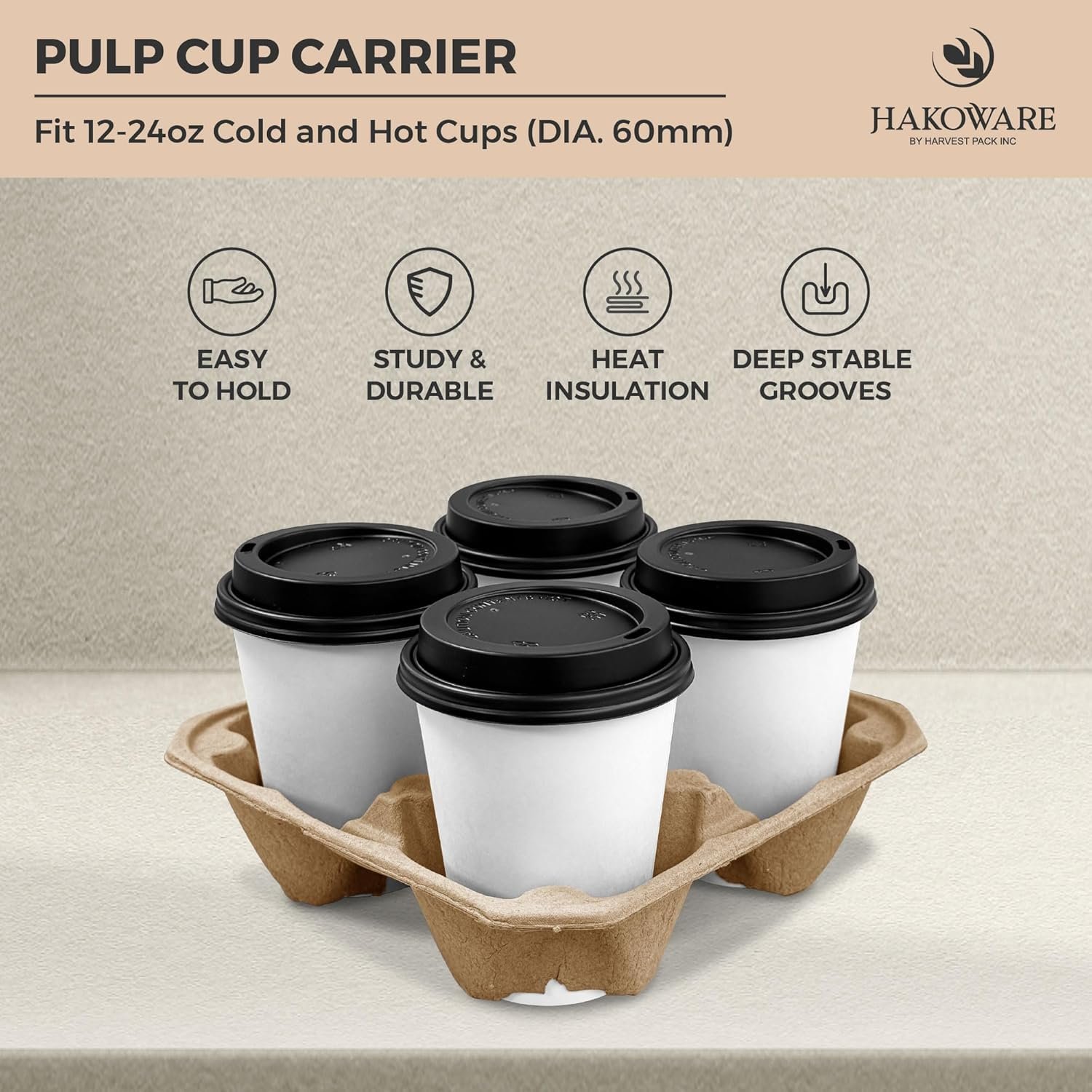 Marchio Bianco Portabicchieri Monouso 4 Tazze 12-24oz Confezione da 25 Compostabili Fibra Polpa Cartone Kraft Heavy Duty Asporto Consegne con Logo Personalizzato dal Produttore