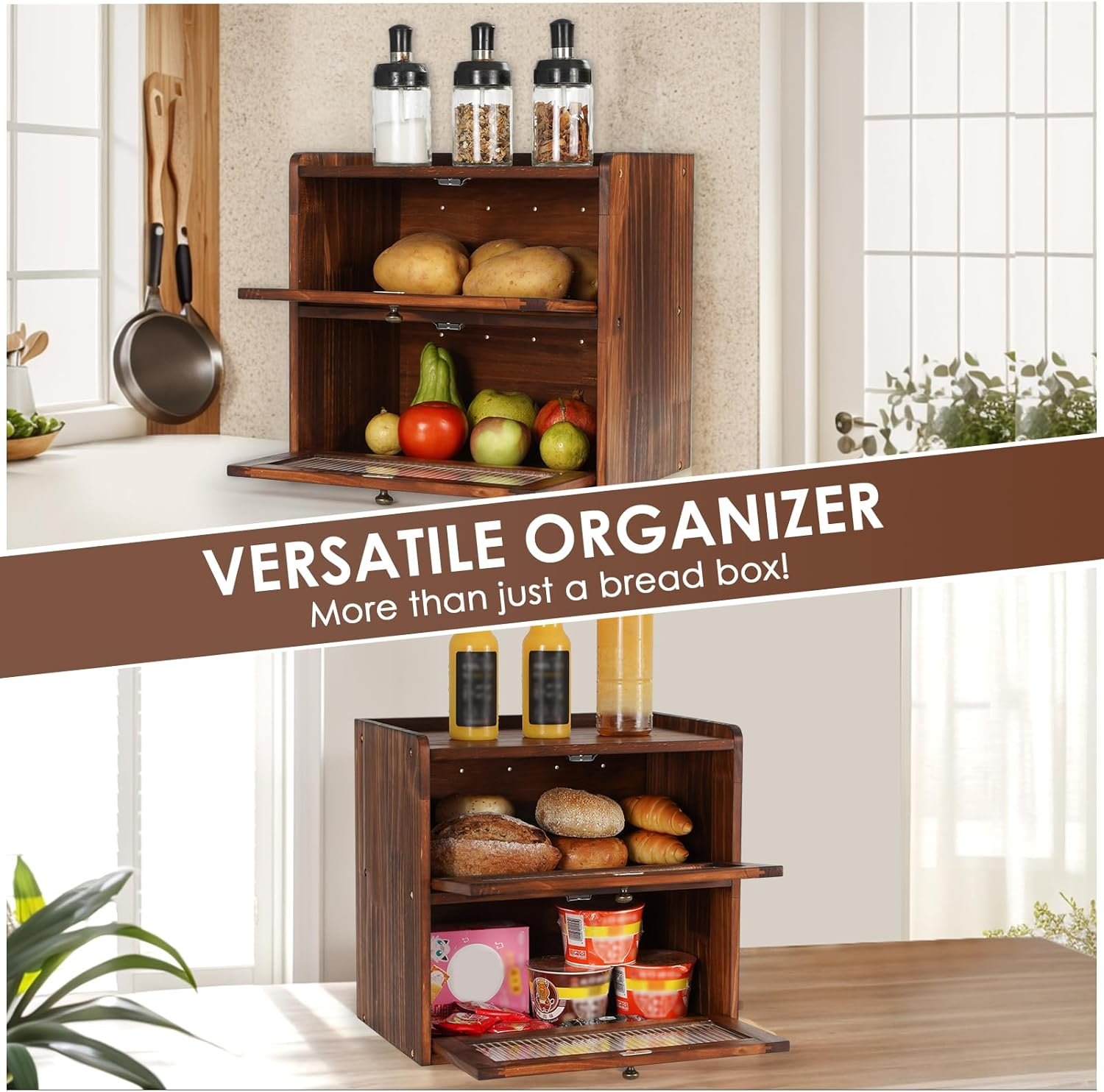 Logo Personalizzato Portapane in Legno per Piano Cucina a 2 Ripiani da Fornitore Grande Capacità con Finestra Acrilica Stile Vintage Farmhouse Marchio Bianco Marrone Logo Personalizzato Portapane in Legno per Piano Cucina a 2 Ripiani da Fornitore Grande Capacità con Finestra Acrilica Stile Vintage Farmhouse Marchio Bianco Marrone