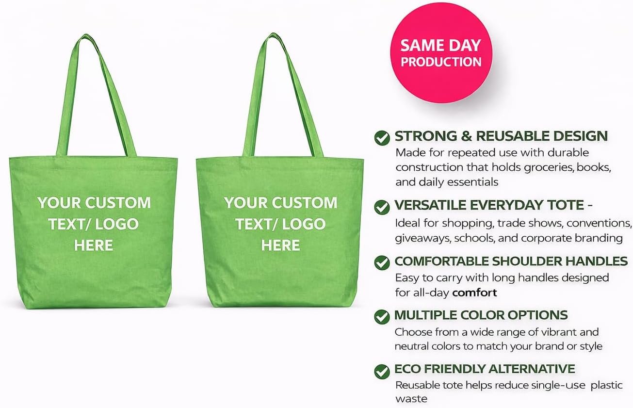 Borse Tote a Marchio Bianco Confezione 10–100, Riutilizzabili con Manici e Logo Personalizzato 14.25” L x 15” A x 5” Fondo a Soffietto, Leggere Promozionali dal Fornitore