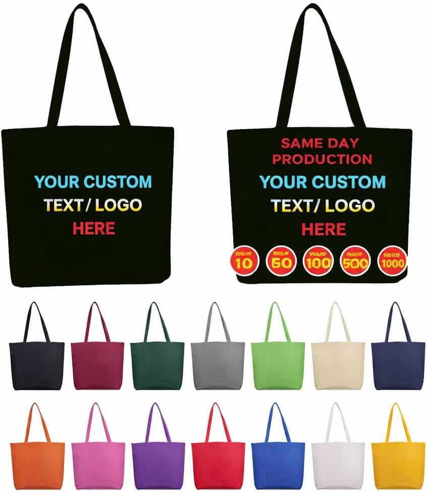 Borse Tote a Marchio Bianco Confezione 10–100, Riutilizzabili con Manici e Logo Personalizzato 14.25” L x 15” A x 5” Fondo a Soffietto, Leggere Promozionali dal Fornitore