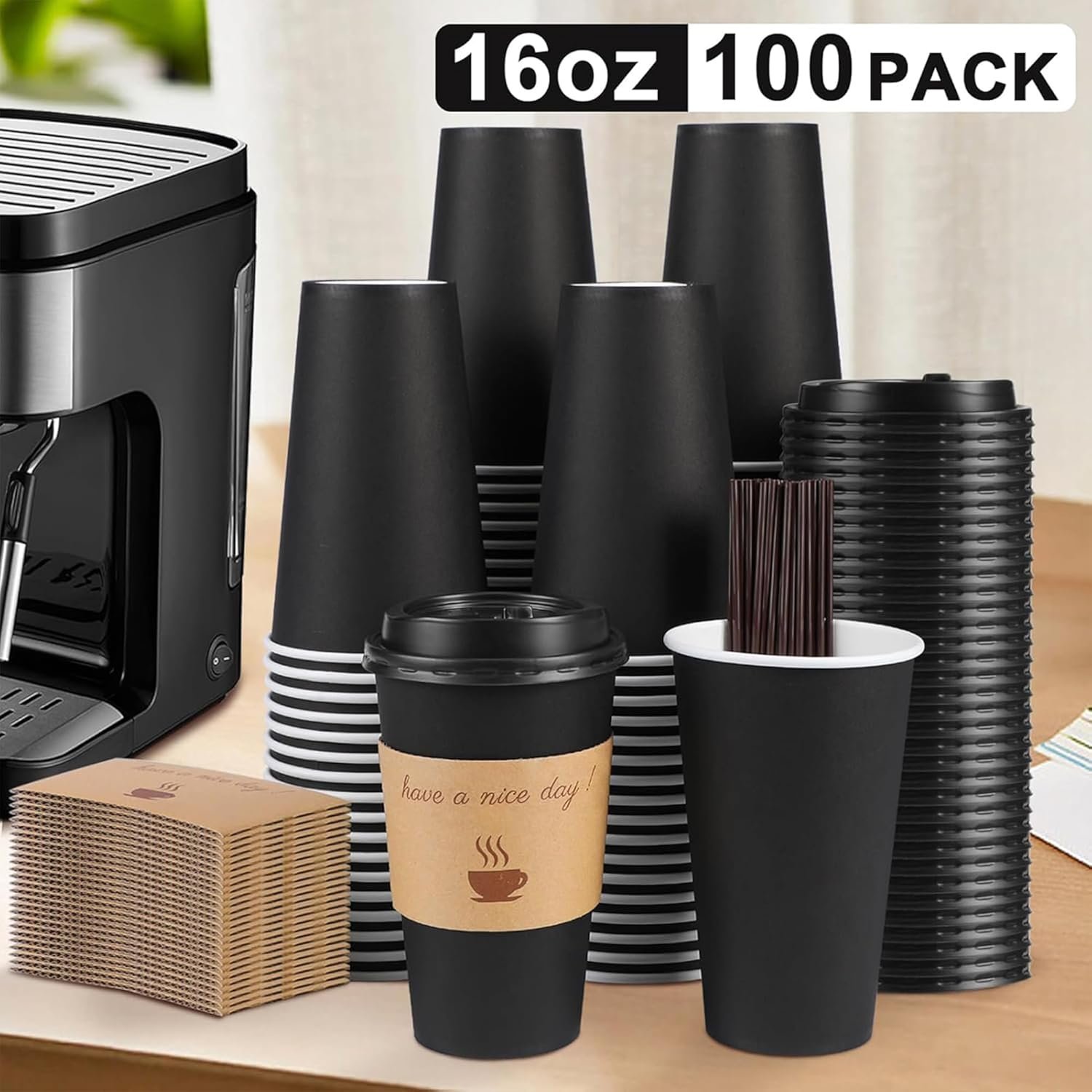 Fornitore tazze da caffè 16 oz con logo personalizzato, confezione da 100 con coperchi manichette termiche e bastoncini mescolatori monouso in carta take away per bevande calde e fredde ufficio casa negozi eventi marchio bianco (nero)