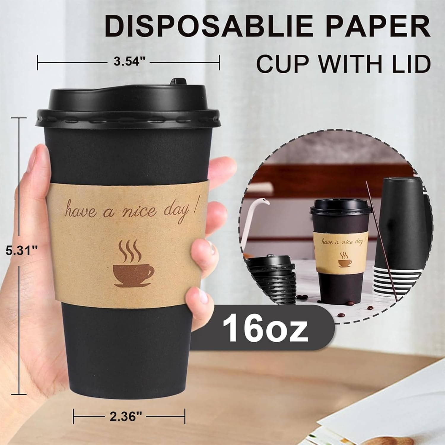 Fornitore tazze da caffè 16 oz con logo personalizzato, confezione da 100 con coperchi manichette termiche e bastoncini mescolatori monouso in carta take away per bevande calde e fredde ufficio casa negozi eventi marchio bianco (nero)
