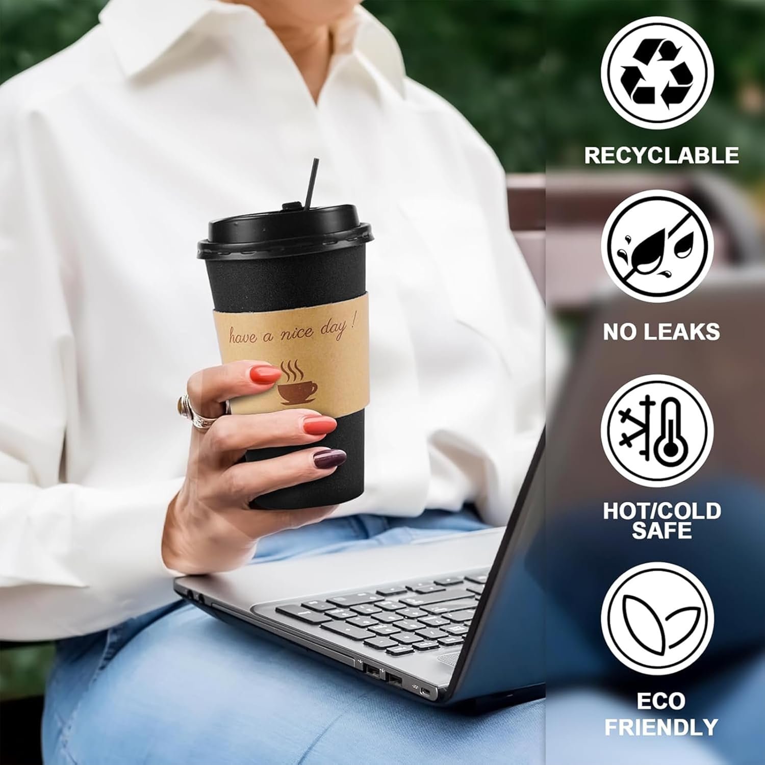Fornitore tazze da caffè 16 oz con logo personalizzato, confezione da 100 con coperchi manichette termiche e bastoncini mescolatori monouso in carta take away per bevande calde e fredde ufficio casa negozi eventi marchio bianco (nero)