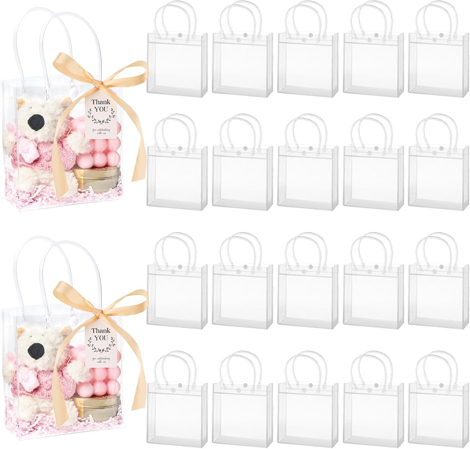Logo Personalizzato Buste Trasparenti con Manici 30 Pezzi con Nastri e Cartellini Marchio Bianco Borse Tote Riutilizzabili per Festa della Mamma Matrimonio Baby Shower (5.9” x 6.3” x 2.8") Produttore
