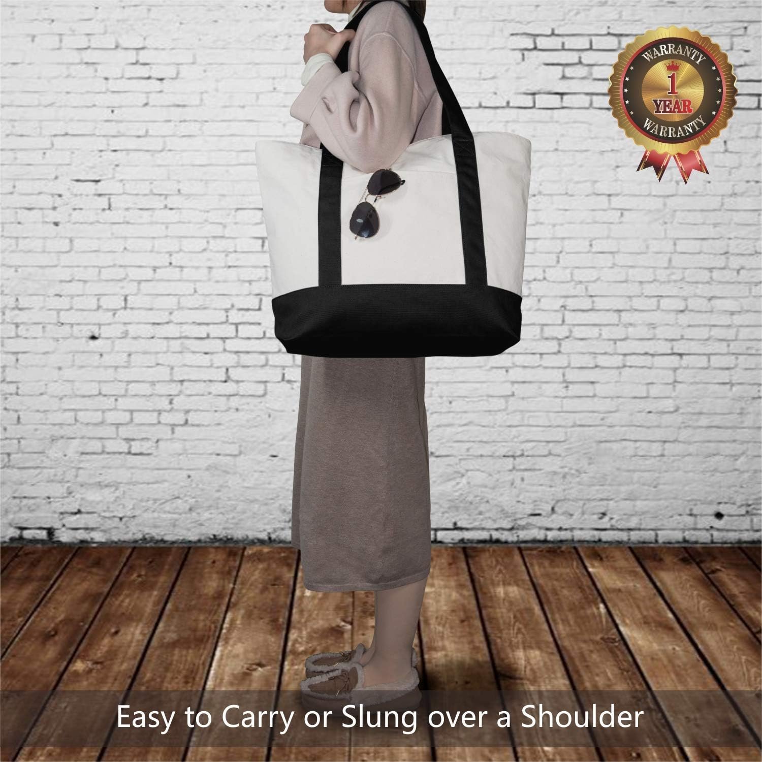 Fornitore Borse Tote in Canvas con Logo Personalizzato | Confezioni 1 | 3 | 6 | 30 con Tasca Esterna | Chiusura Lampo Superiore per Spesa Riutilizzabile ed Essenziali Quotidiani (Nero/Naturale) Marchio Bianco