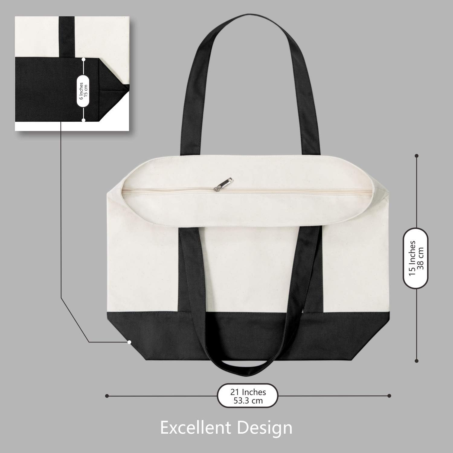 Fornitore Borse Tote in Canvas con Logo Personalizzato | Confezioni 1 | 3 | 6 | 30 con Tasca Esterna | Chiusura Lampo Superiore per Spesa Riutilizzabile ed Essenziali Quotidiani (Nero/Naturale) Marchio Bianco