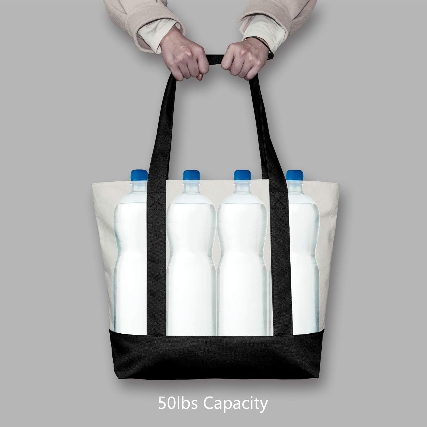 Fornitore Borse Tote in Canvas con Logo Personalizzato | Confezioni 1 | 3 | 6 | 30 con Tasca Esterna | Chiusura Lampo Superiore per Spesa Riutilizzabile ed Essenziali Quotidiani (Nero/Naturale) Marchio Bianco