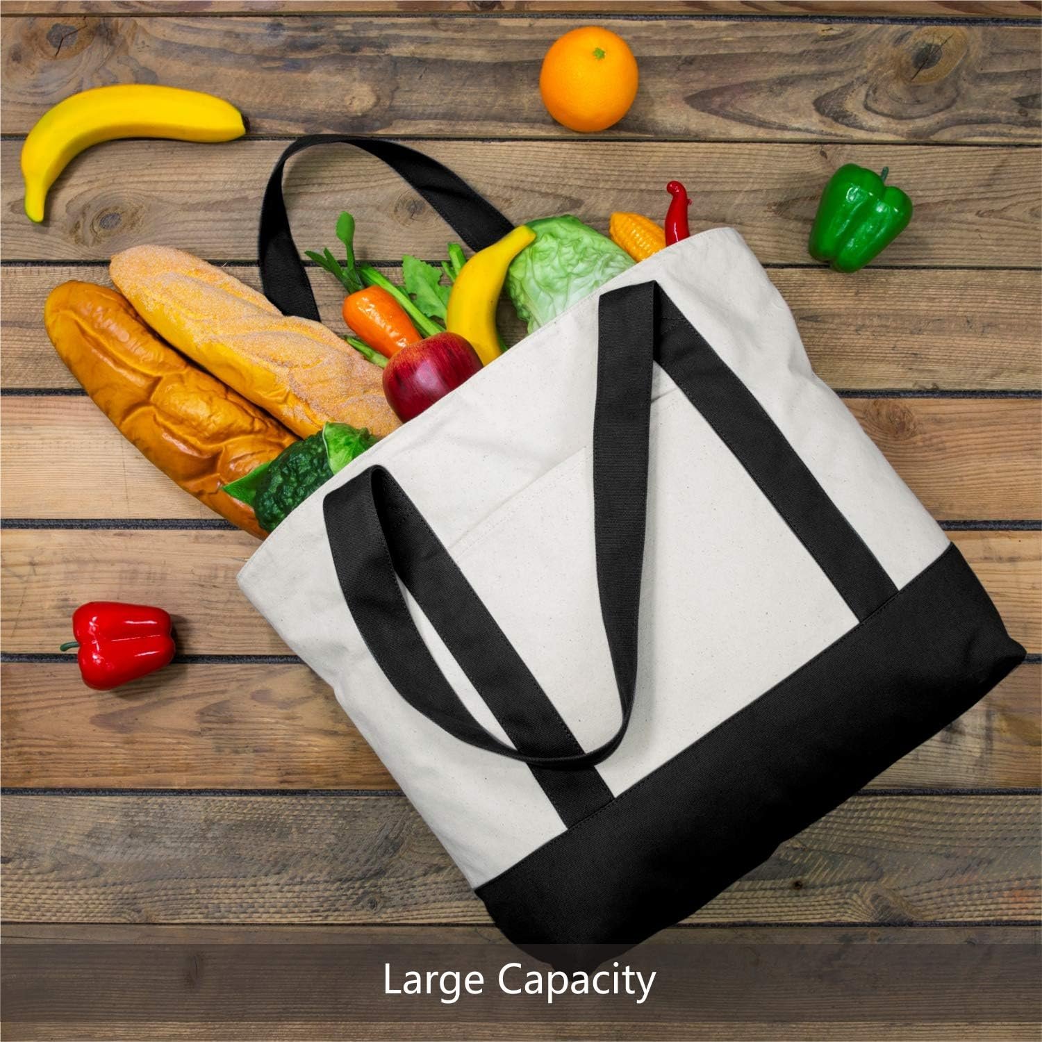 Fornitore Borse Tote in Canvas con Logo Personalizzato | Confezioni 1 | 3 | 6 | 30 con Tasca Esterna | Chiusura Lampo Superiore per Spesa Riutilizzabile ed Essenziali Quotidiani (Nero/Naturale) Marchio Bianco