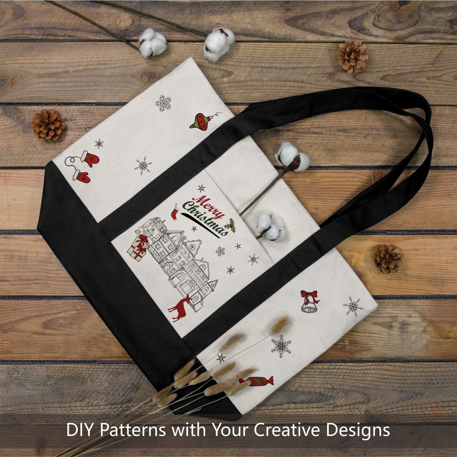 Fornitore Borse Tote in Canvas con Logo Personalizzato | Confezioni 1 | 3 | 6 | 30 con Tasca Esterna | Chiusura Lampo Superiore per Spesa Riutilizzabile ed Essenziali Quotidiani (Nero/Naturale) Marchio Bianco