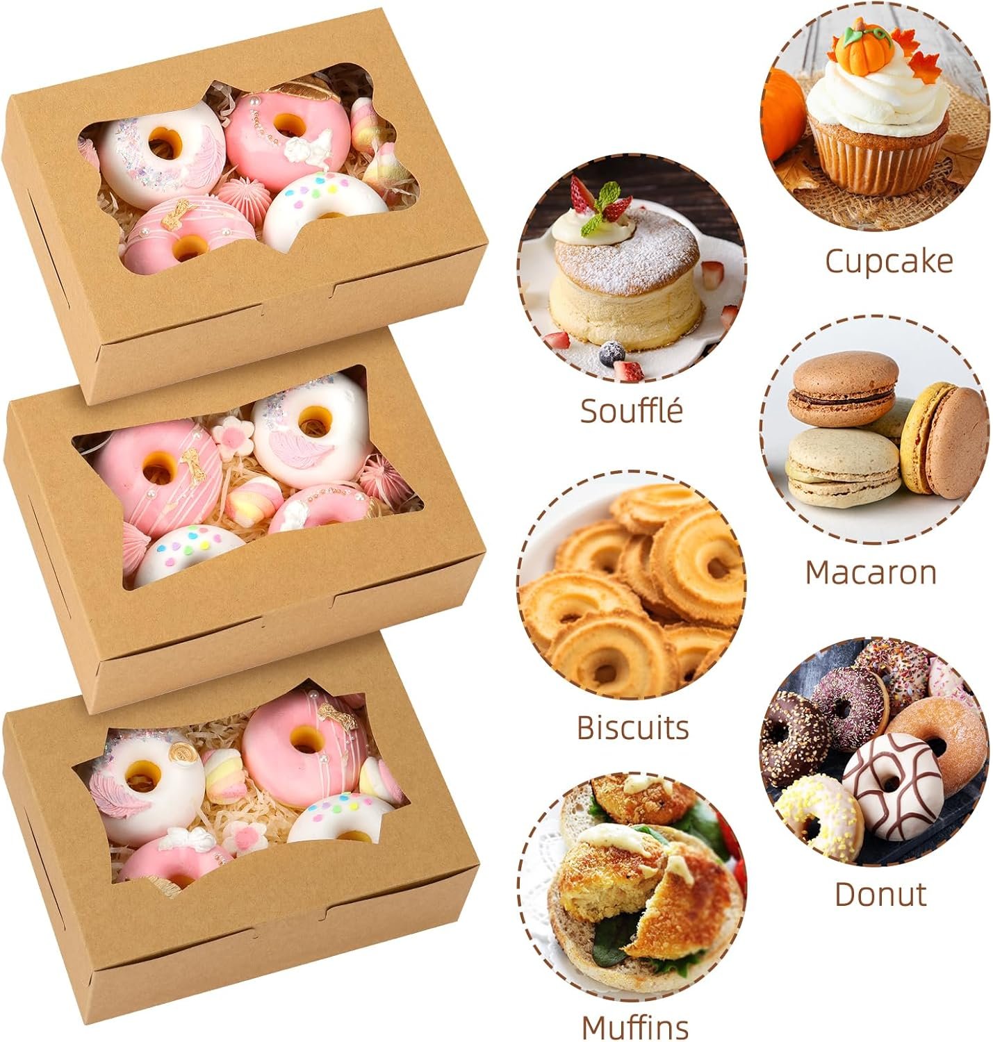 Marchio Bianco Scatole per Biscotti 24pz 8x6x2.5 Pollici Finestrate 3 Stili con Logo Personalizzato per Pasticceria Fragole al Cioccolato Donuts Cupcakes Muffins Dessert Fornitore