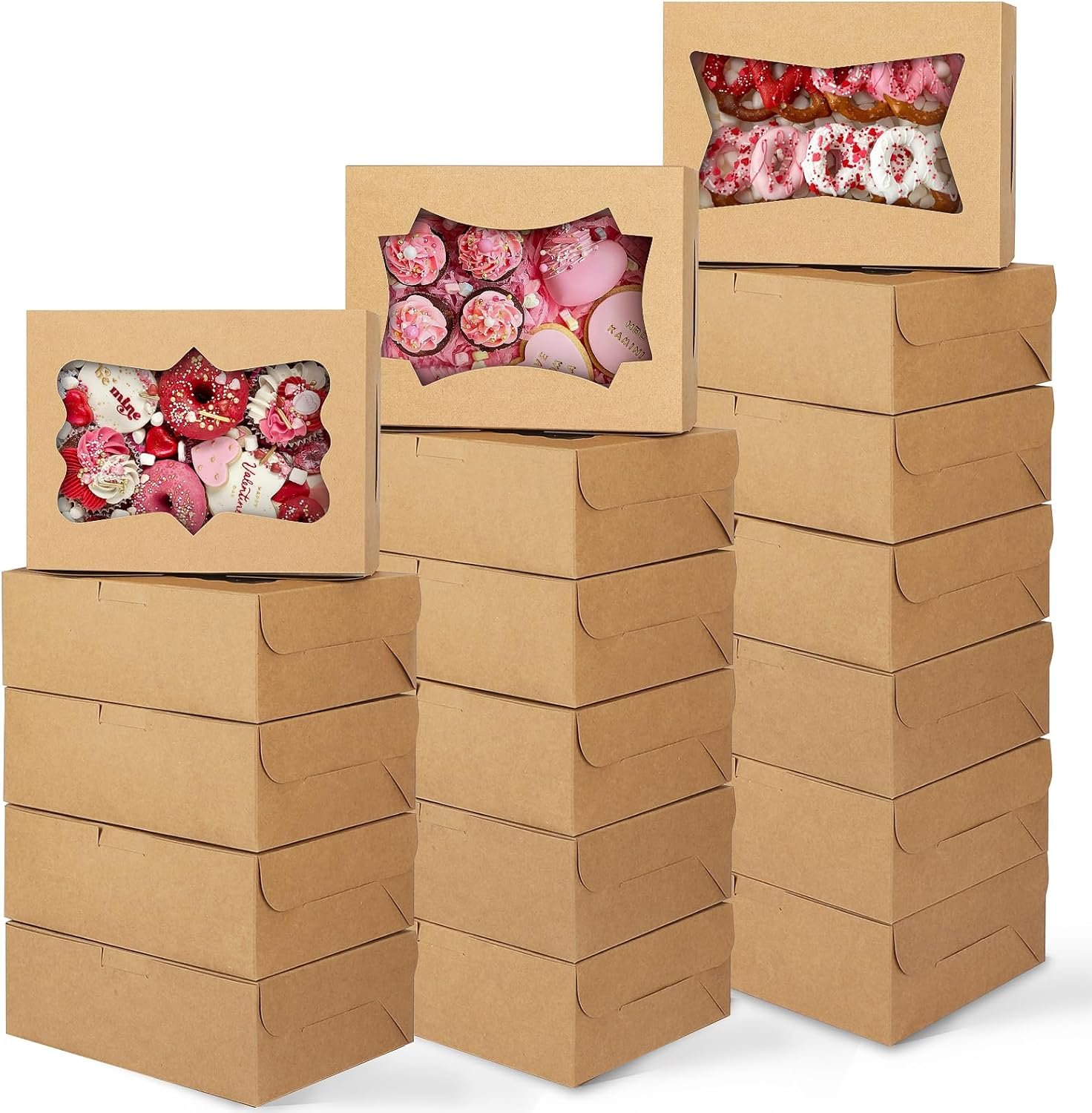 Marchio Bianco Scatole per Biscotti 24pz 8x6x2.5 Pollici Finestrate 3 Stili con Logo Personalizzato per Pasticceria Fragole al Cioccolato Donuts Cupcakes Muffins Dessert Fornitore
