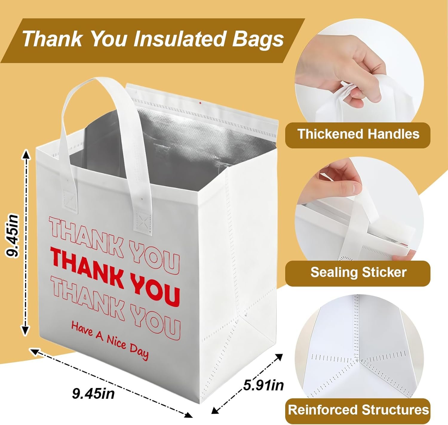 Fornitore Borse Termiche Isolate per Asporto con Logo Personalizzato 25 Pezzi Bulk Cibi Caldi Freddi Consegne Pizza Caffè Catering Ristoranti Marchio Bianco 9.5x9.5x6 (Bianco)