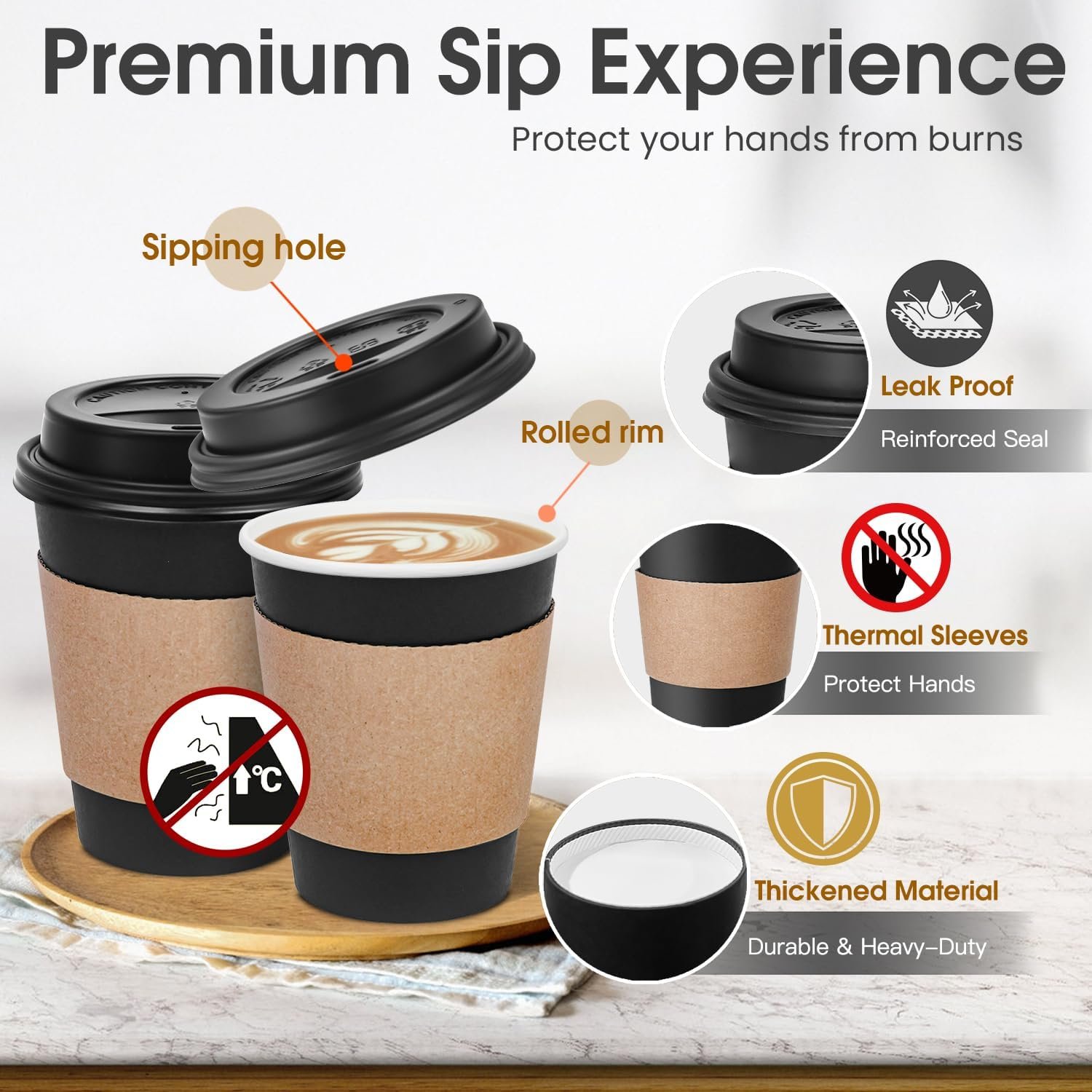 Marchio Bianco: Confezione da 100 Tazze Caffè Monouso 12 oz con Coperchi e Manicotti Neri a Prova di Perdite - Logo Personalizzato per Picnic Feste Viaggi Uffici e Bar Caffè dal Produttore