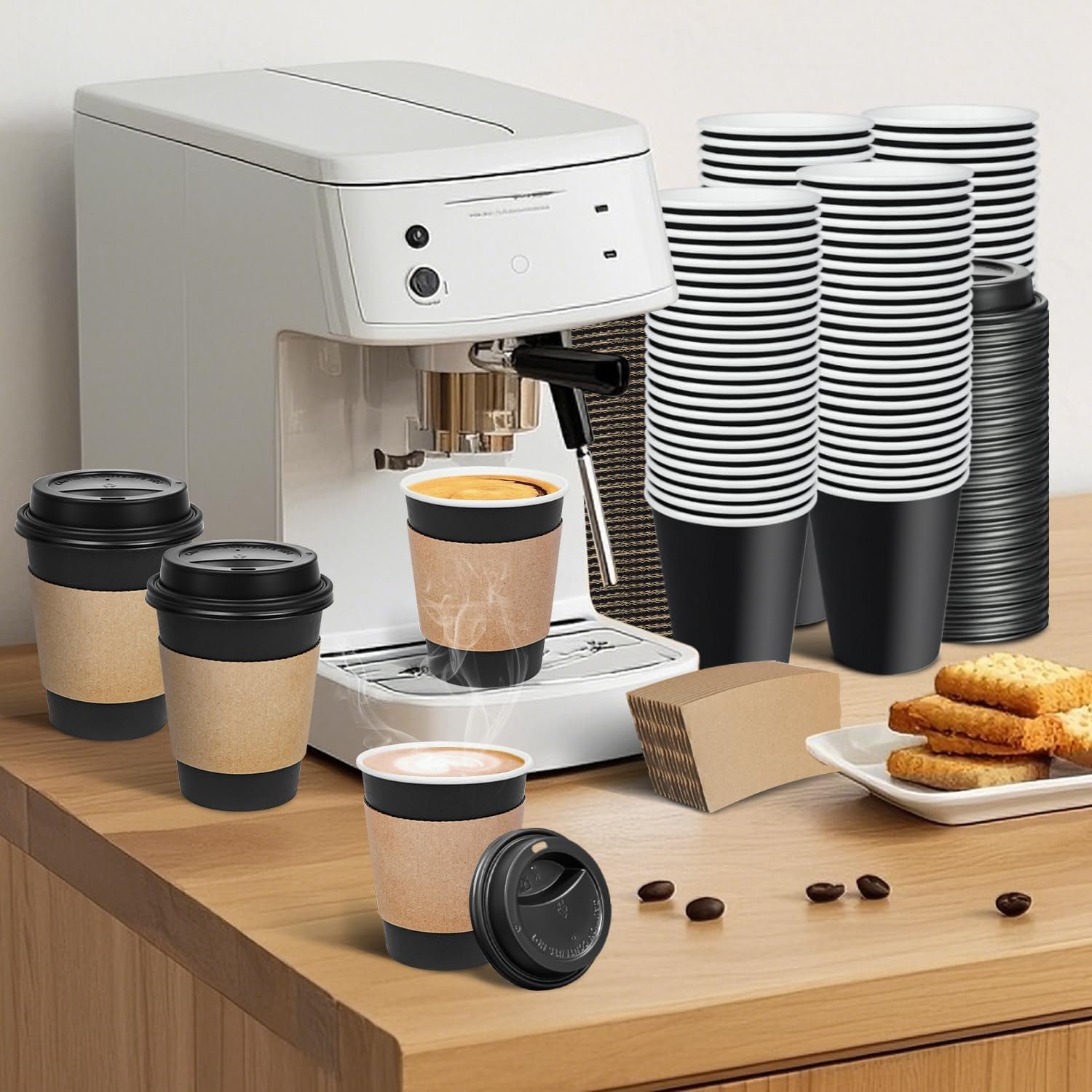 Marchio Bianco: Confezione da 100 Tazze Caffè Monouso 12 oz con Coperchi e Manicotti Neri a Prova di Perdite - Logo Personalizzato per Picnic Feste Viaggi Uffici e Bar Caffè dal Produttore