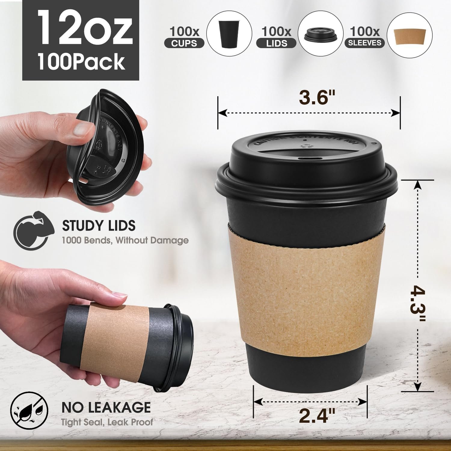 Marchio Bianco: Confezione da 100 Tazze Caffè Monouso 12 oz con Coperchi e Manicotti Neri a Prova di Perdite - Logo Personalizzato per Picnic Feste Viaggi Uffici e Bar Caffè dal Produttore
