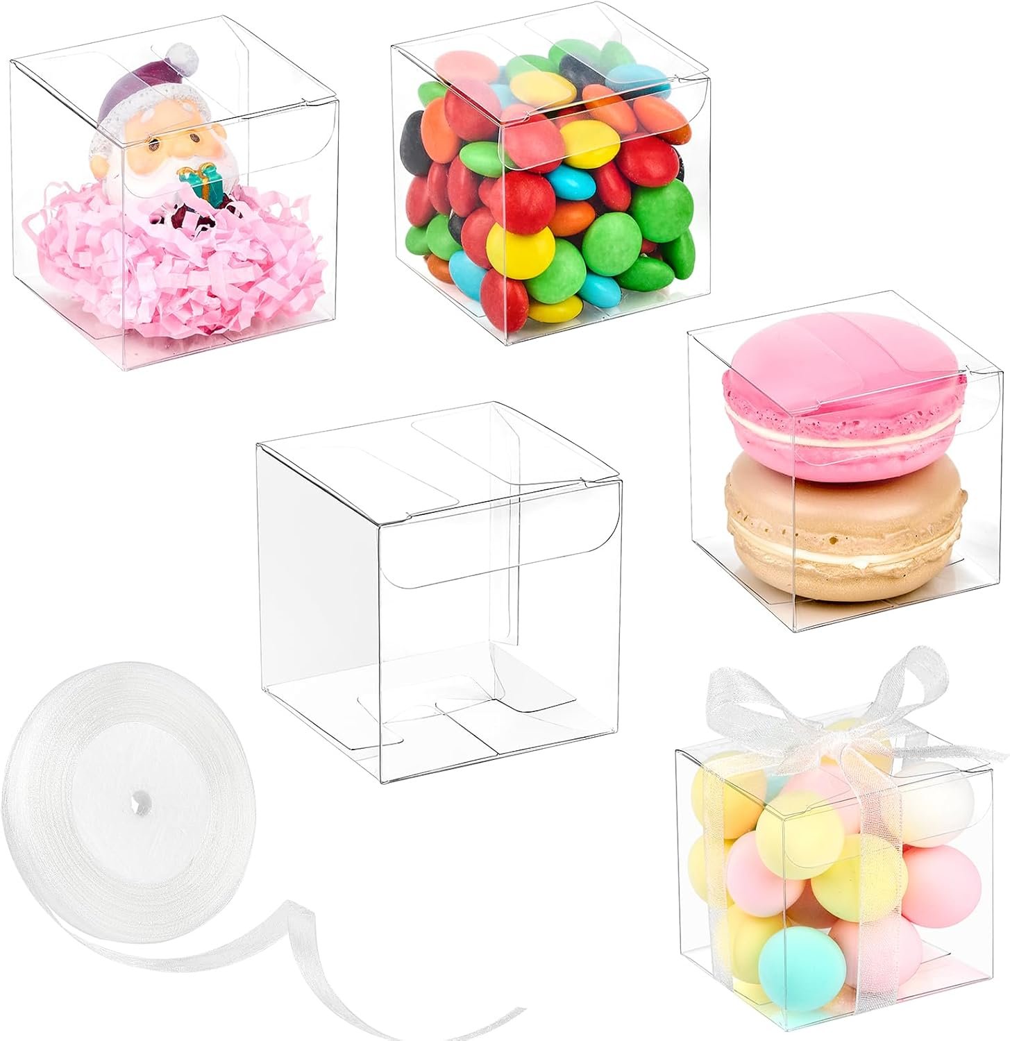 Fornitore Scatoline Trasparenti 2x2x2 Pollici Plastica con Nastri Logo Personalizzato Confezione 100 per Macaron Dolcetti Caramelle Matrimonio Baby Shower Compleanno San Valentino Bomboniere Marchio Bianco