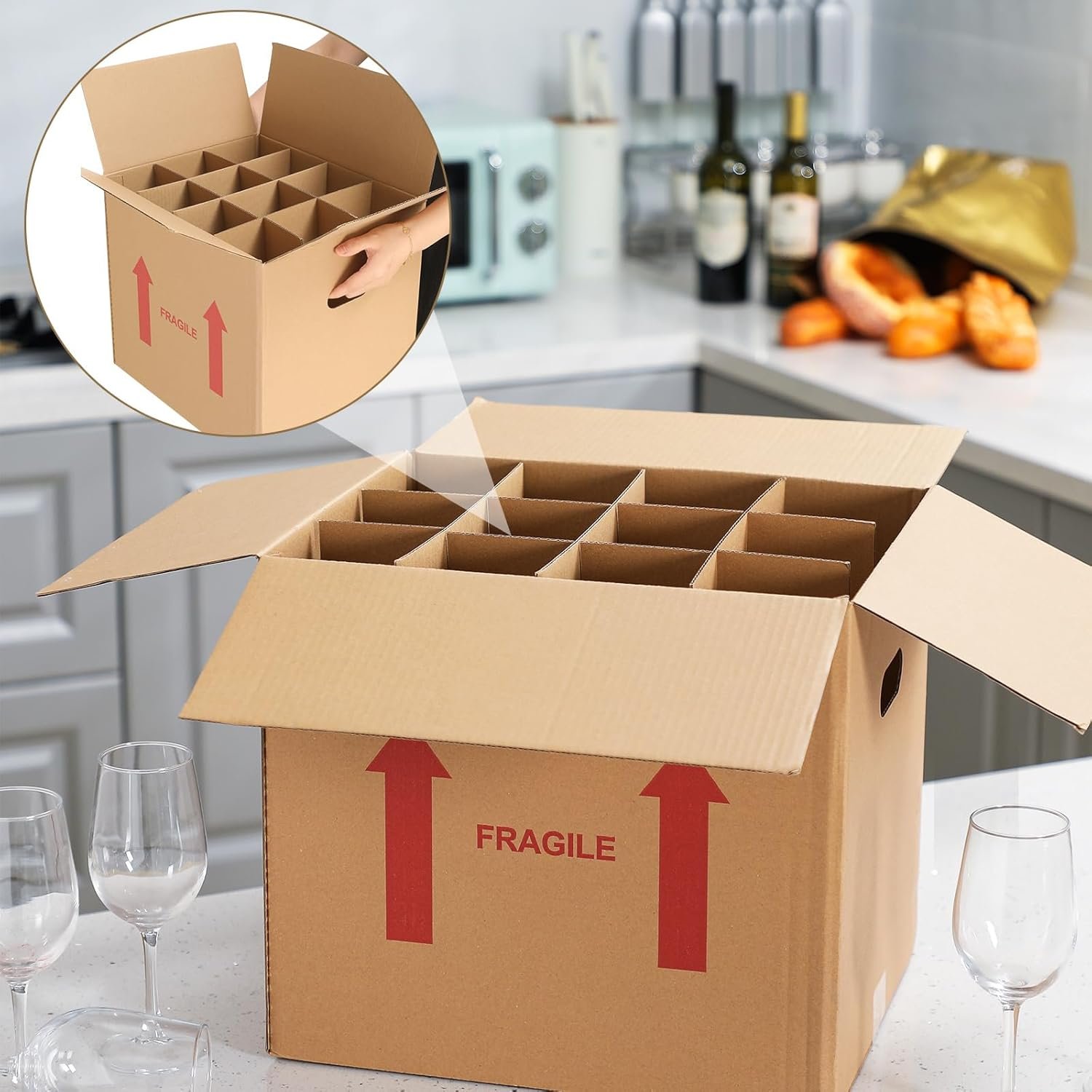 Logo Personalizzato Confezione da 20 Scatole per Bottiglie Vino 14 x 12 x 13 Pollici Cartone Ondulato Rinforzato Maniglie per 12 Bottiglie Trasloco Spedizione Vetri Piatti Marchio Bianco Produttore
