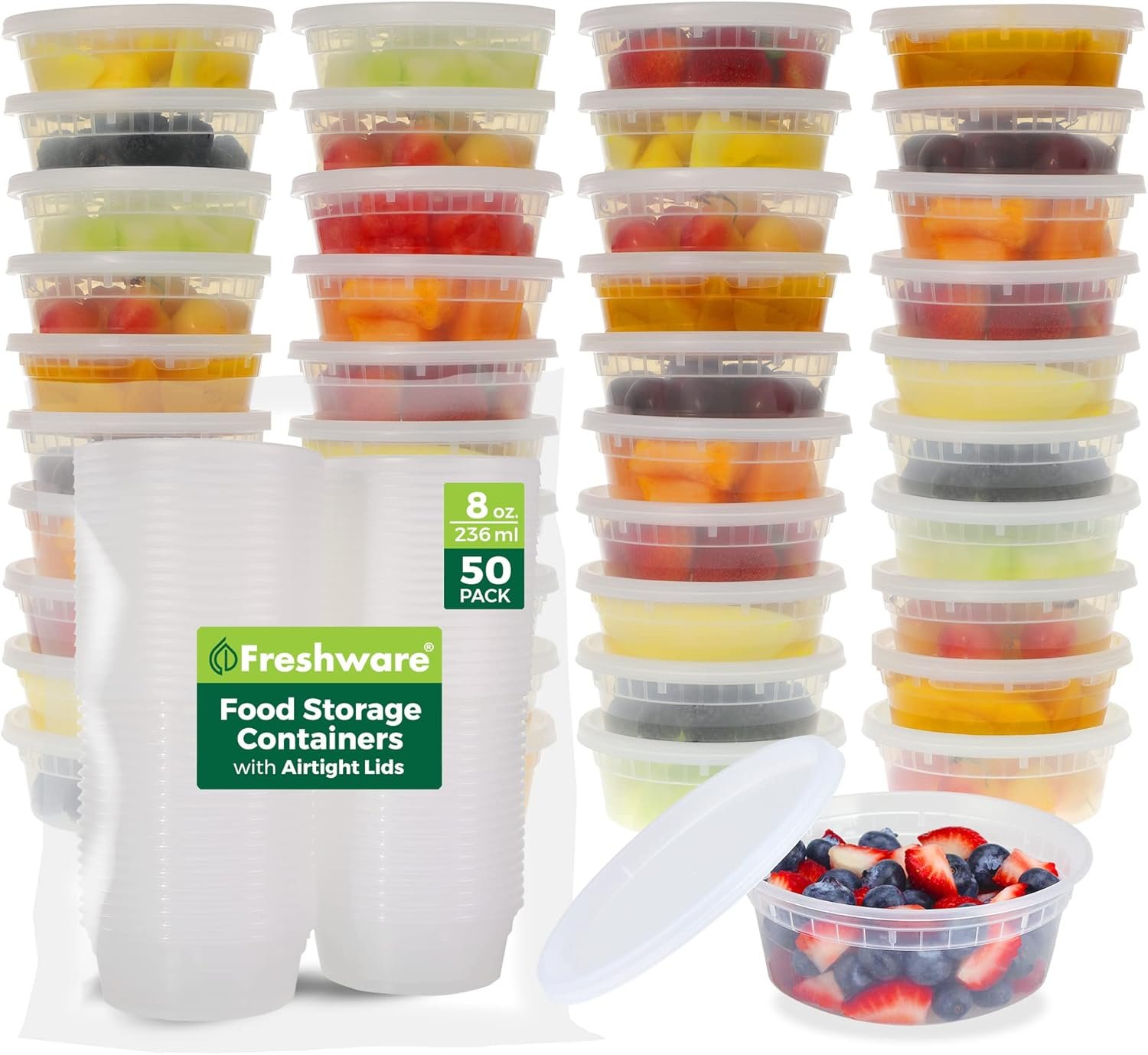 Marchio Bianco Contenitori per Alimenti [50 Set] 8 oz in Plastica con Coperchi Logo Personalizzato per Slime Zuppe Preparazione Pasti | Senza BPA | Impilabili | Ermetici | Adatti Microonde Lavastoviglie Congelatore Fornitore