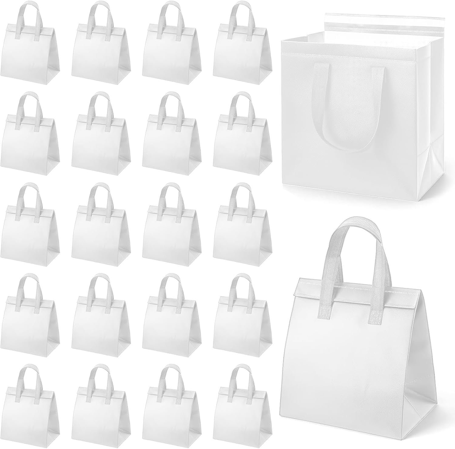 Produttore Borse Termiche Isolate per Asporto Take Away Bulk 20 Pezzi con Logo Personalizzato per Cibo Caldo Freddo Caffè Tè al Latte Pesce Fresco Pizza Delivery Ristoranti Catering Marchio Bianco (23,8 x 15 x 23,8 cm, Bianco)