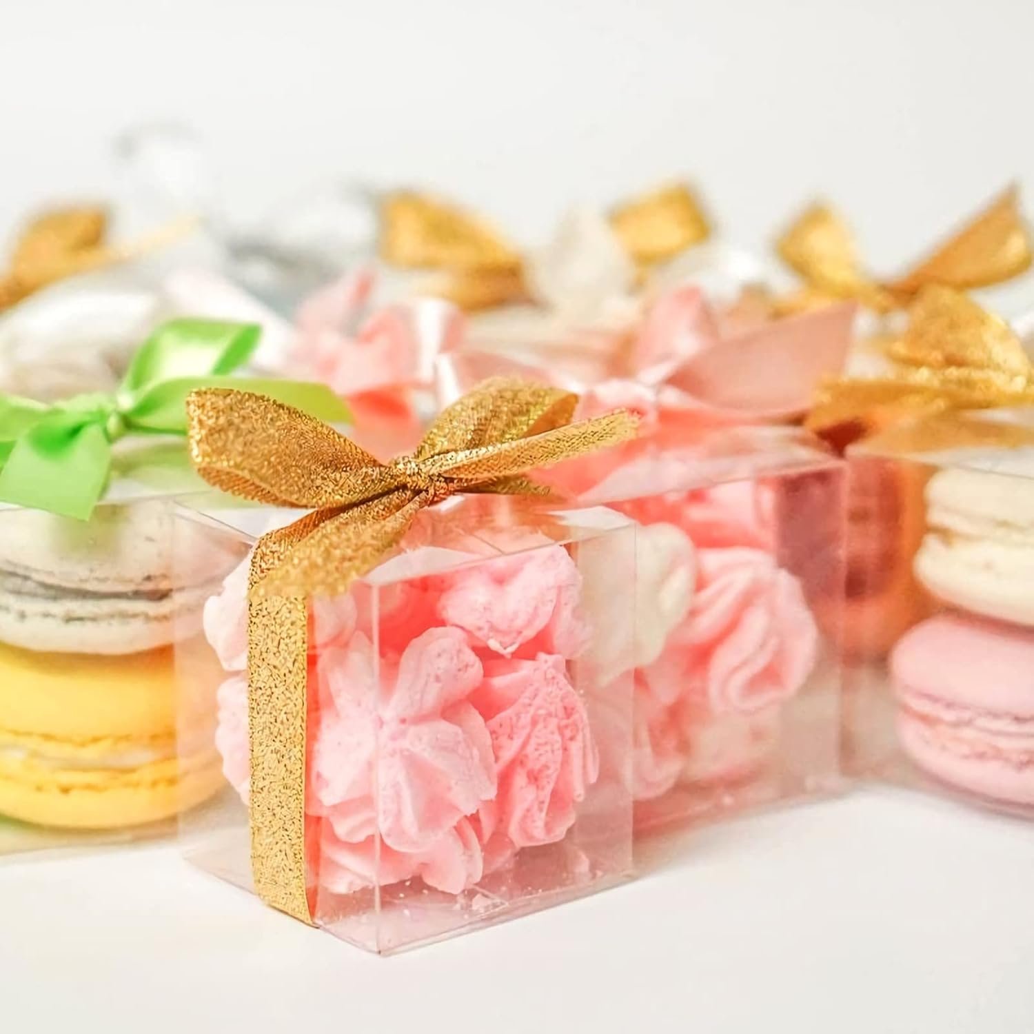 Logo Personalizzato Scatoline Trasparenti Piccole 2.25x2.25x3 Pollici per 3 Macaron Marchio Bianco Bomboniere Matrimonio Baby Shower Compleanno Produttore Confezione da 25