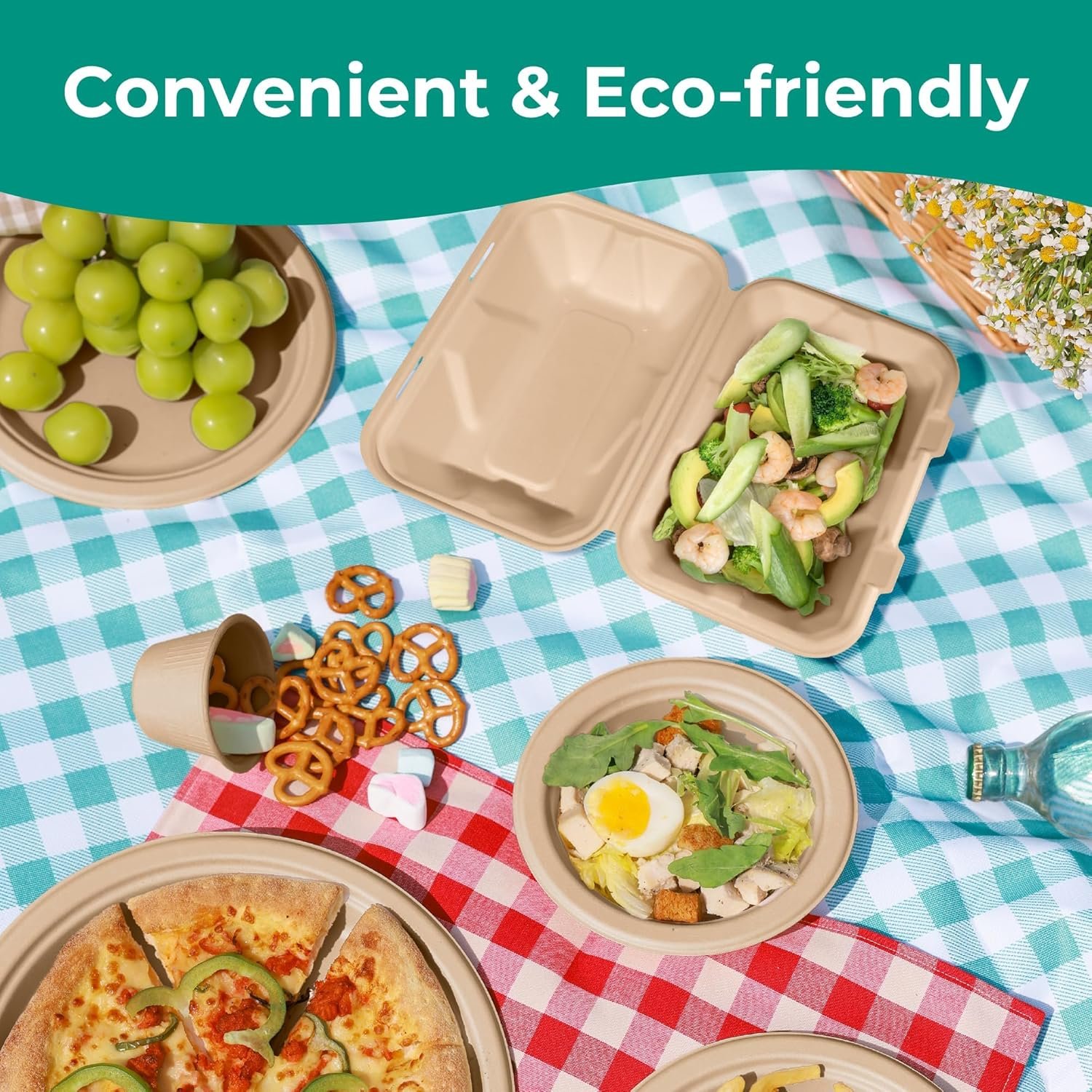 Produttore Confezione da 100 Contenitori Compostabili 9x6 per Cibo da Asporto, Marchio Bianco Scatole Monouso Lunch Box a Conchiglia con Coperchi Ecologici Biodegradabili Senza PFAS in Bagassa Logo Personalizzato