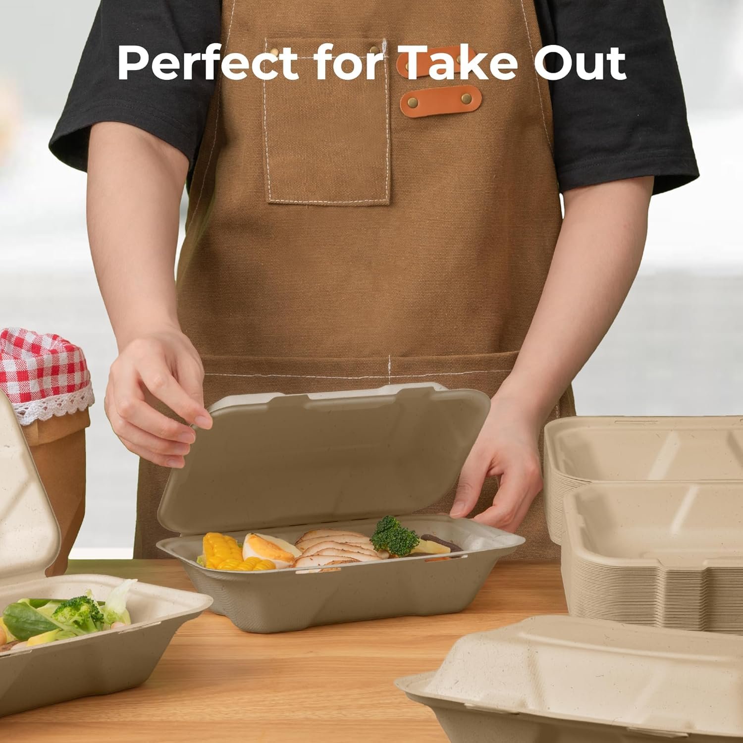 Produttore Confezione da 100 Contenitori Compostabili 9x6 per Cibo da Asporto, Marchio Bianco Scatole Monouso Lunch Box a Conchiglia con Coperchi Ecologici Biodegradabili Senza PFAS in Bagassa Logo Personalizzato