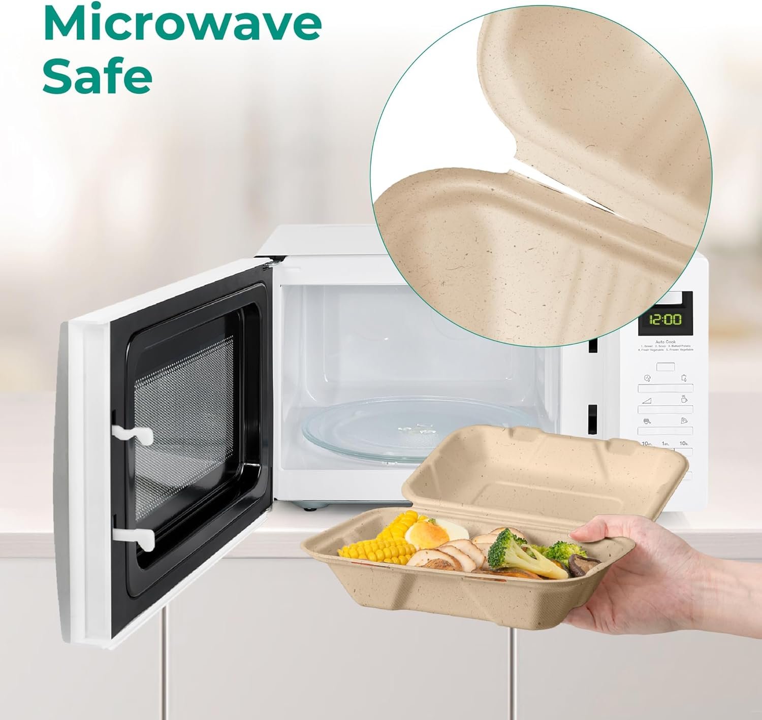 Produttore Confezione da 100 Contenitori Compostabili 9x6 per Cibo da Asporto, Marchio Bianco Scatole Monouso Lunch Box a Conchiglia con Coperchi Ecologici Biodegradabili Senza PFAS in Bagassa Logo Personalizzato