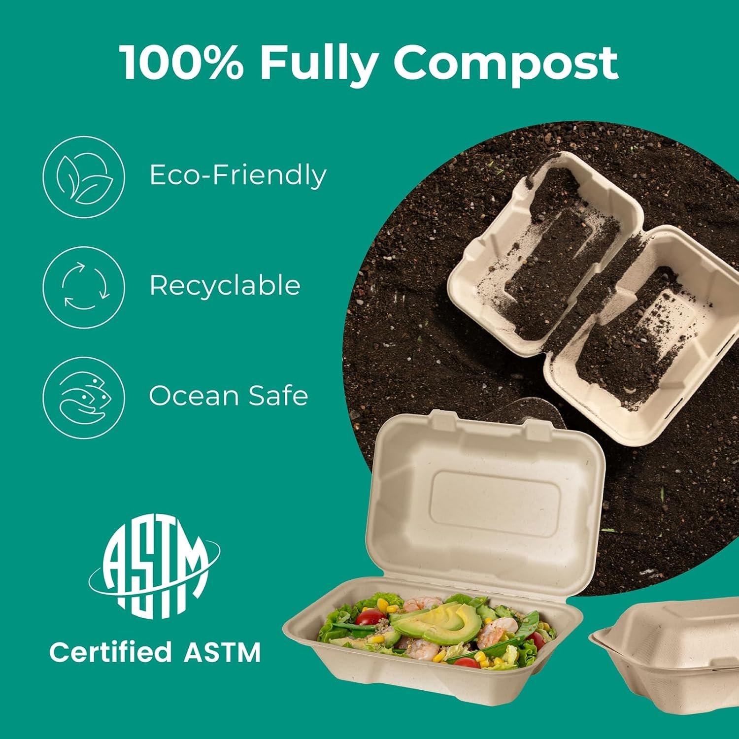 Produttore Confezione da 100 Contenitori Compostabili 9x6 per Cibo da Asporto, Marchio Bianco Scatole Monouso Lunch Box a Conchiglia con Coperchi Ecologici Biodegradabili Senza PFAS in Bagassa Logo Personalizzato
