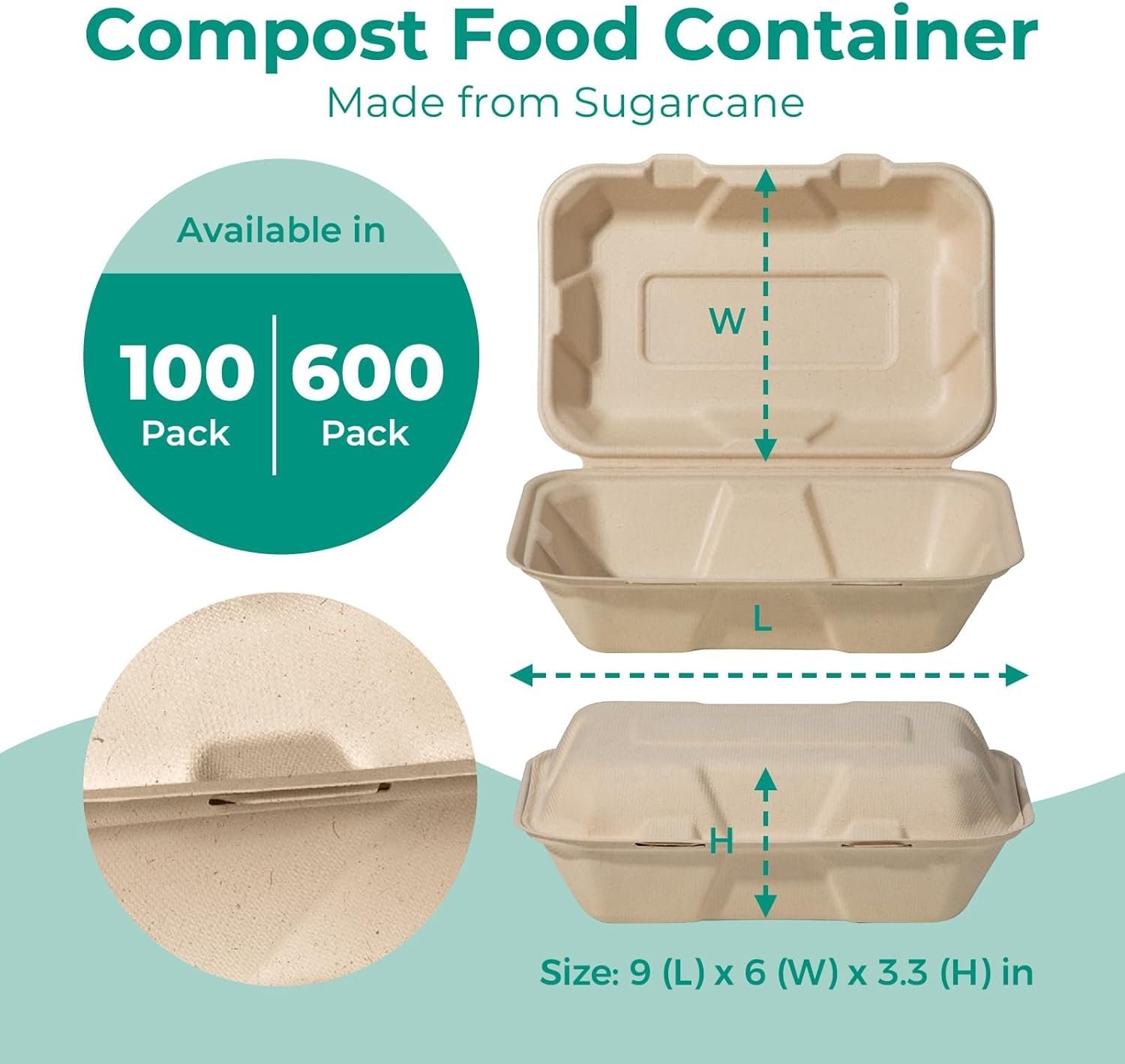 Produttore Confezione da 100 Contenitori Compostabili 9x6 per Cibo da Asporto, Marchio Bianco Scatole Monouso Lunch Box a Conchiglia con Coperchi Ecologici Biodegradabili Senza PFAS in Bagassa Logo Personalizzato