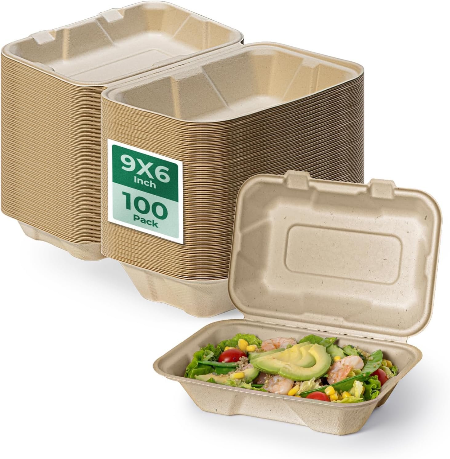 Produttore Confezione da 100 Contenitori Compostabili 9x6 per Cibo da Asporto, Marchio Bianco Scatole Monouso Lunch Box a Conchiglia con Coperchi Ecologici Biodegradabili Senza PFAS in Bagassa Logo Personalizzato