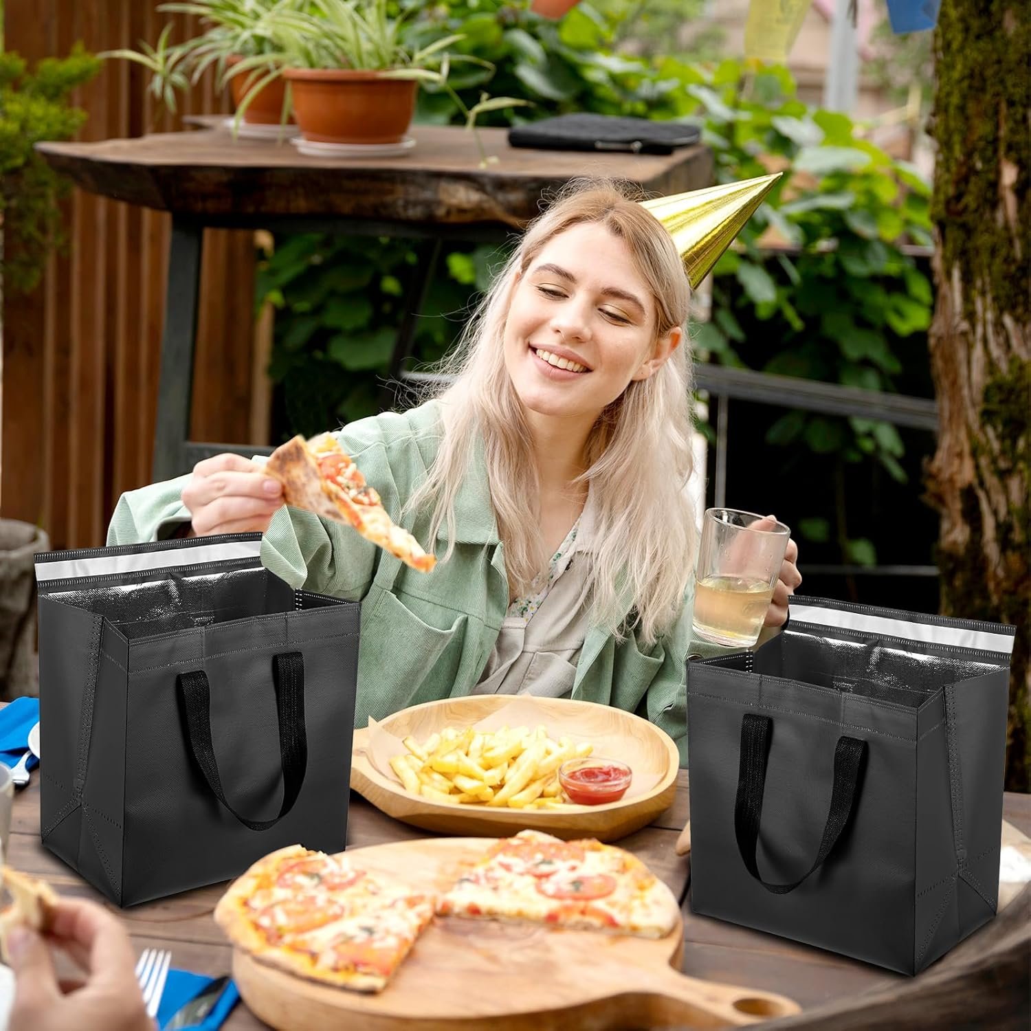 Fornitore Borse Termiche Isolate Da Asporto Con Logo Personalizzato Confezione 20 Pezzi Per Caffè Tè Al Latte Cibi Caldi Freddi Frutti Di Mare Pizze Consegna Catering Ristoranti Spesa Marchio Bianco (9,4 x 5,9 x 9,4 Pollici Nero)