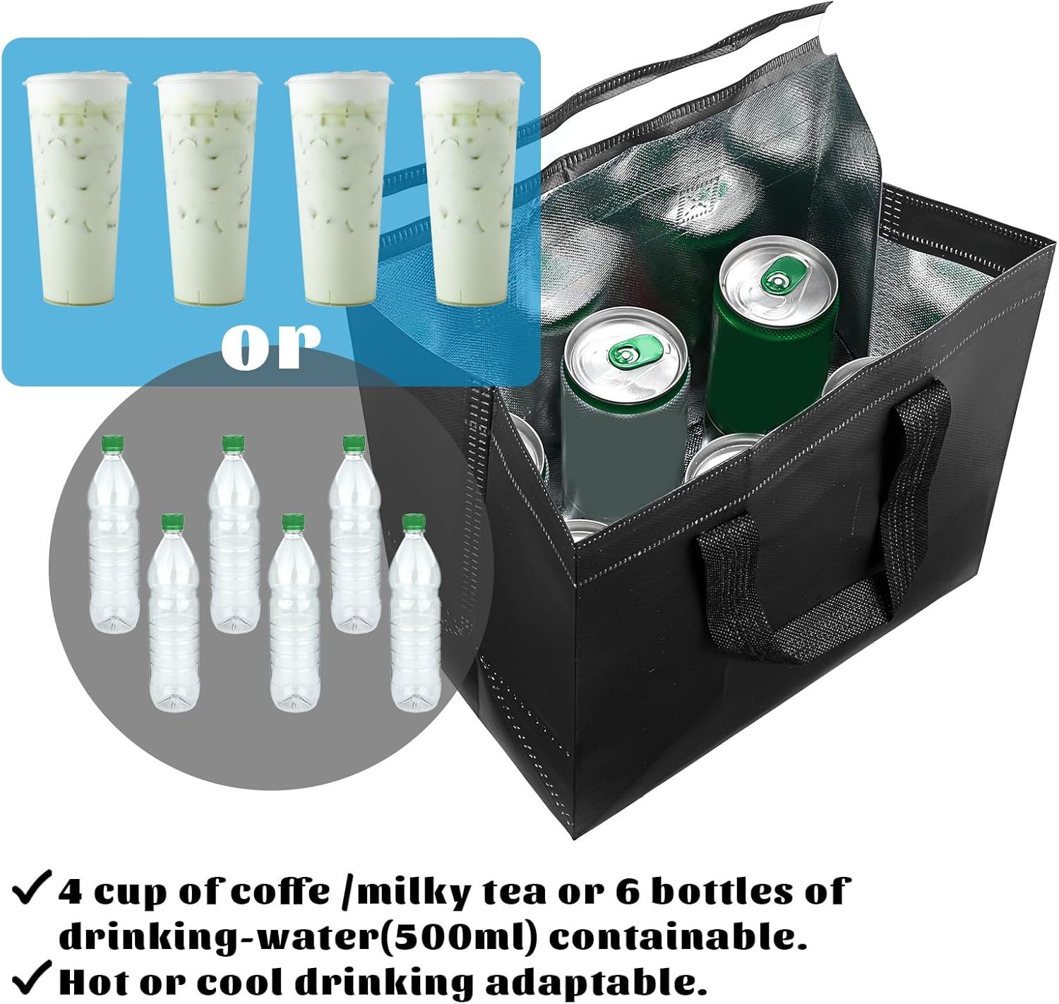Fornitore Borse Termiche Isolate Da Asporto Con Logo Personalizzato Confezione 20 Pezzi Per Caffè Tè Al Latte Cibi Caldi Freddi Frutti Di Mare Pizze Consegna Catering Ristoranti Spesa Marchio Bianco (9,4 x 5,9 x 9,4 Pollici Nero)