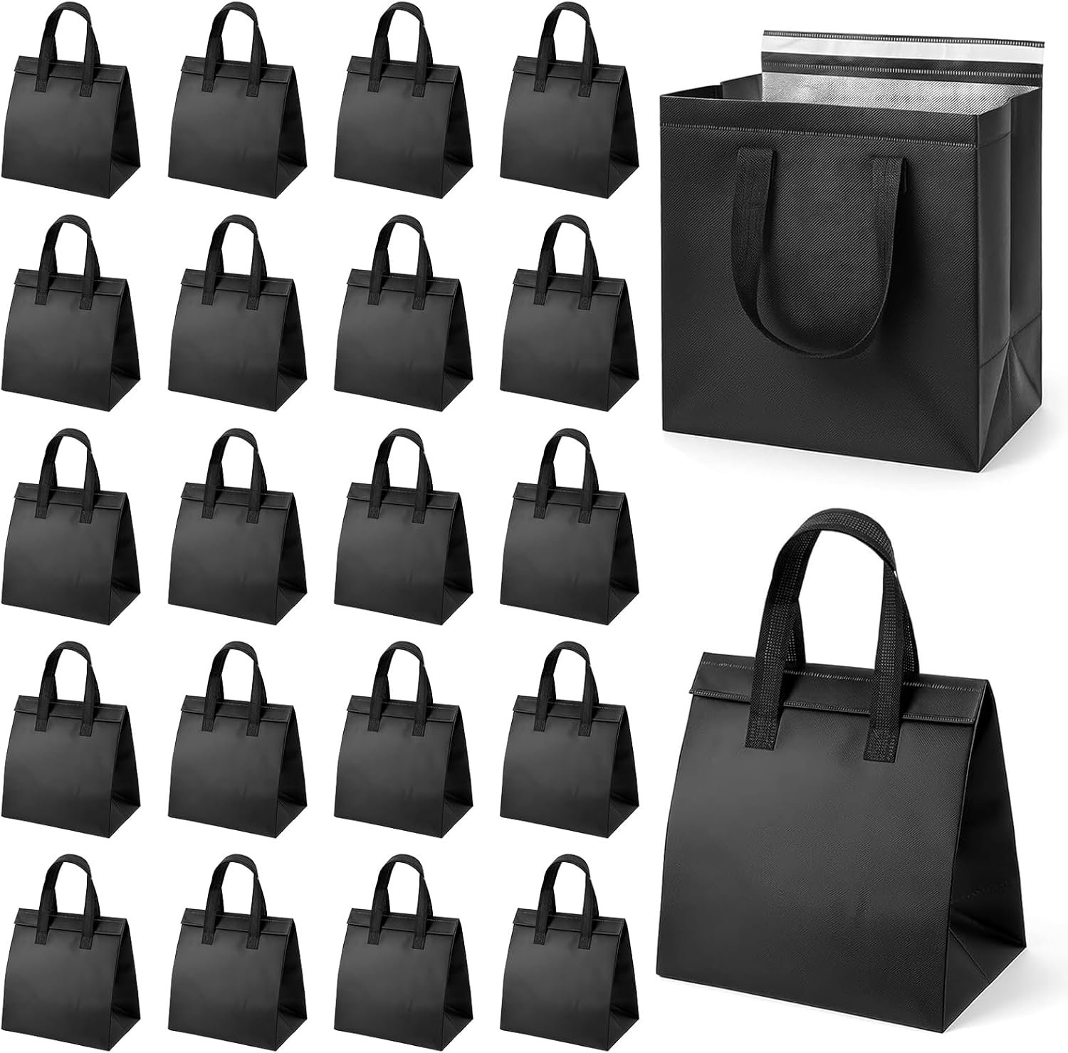 Fornitore Borse Termiche Isolate Da Asporto Con Logo Personalizzato Confezione 20 Pezzi Per Caffè Tè Al Latte Cibi Caldi Freddi Frutti Di Mare Pizze Consegna Catering Ristoranti Spesa Marchio Bianco (9,4 x 5,9 x 9,4 Pollici Nero)