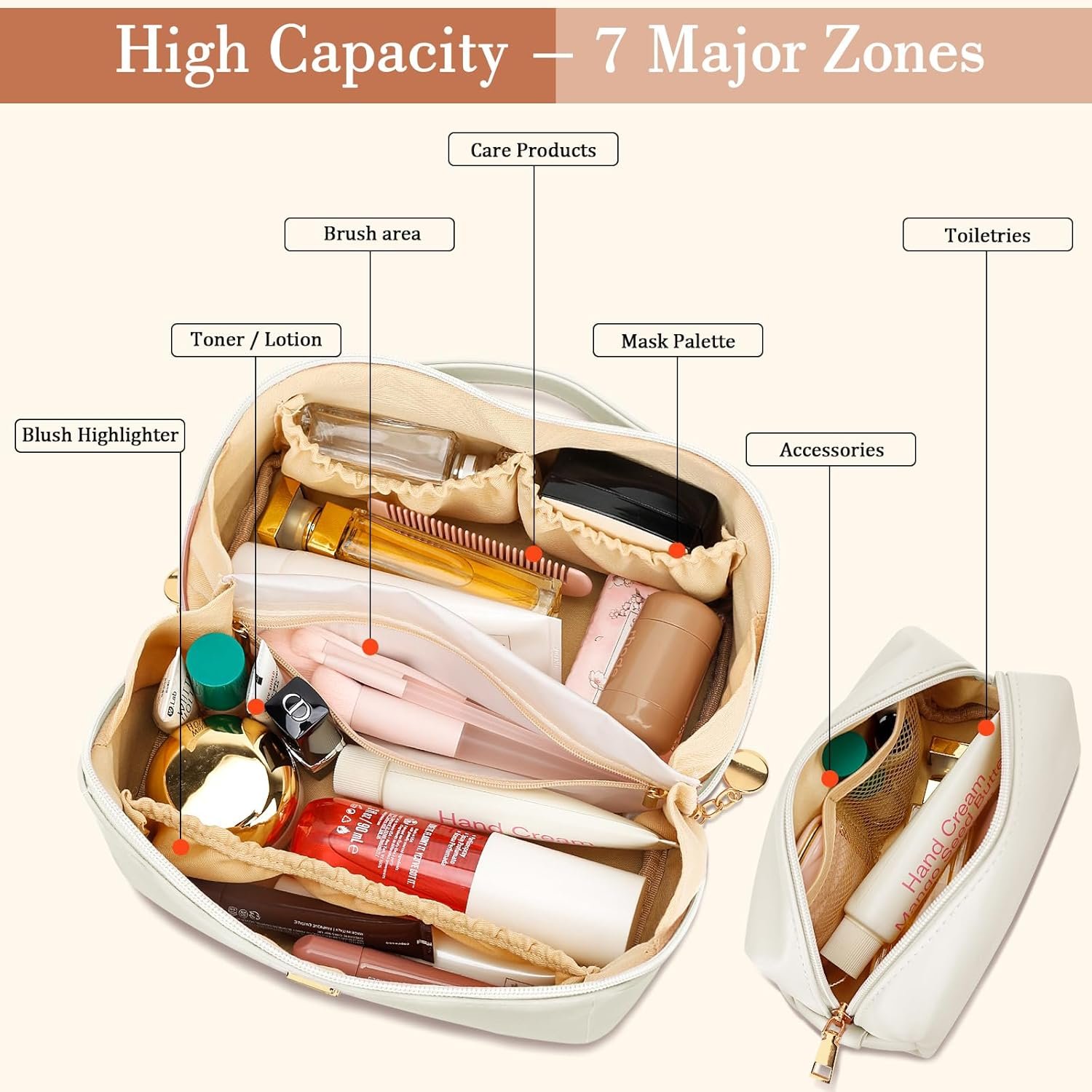 Marchio Bianco Borse Organizzatore Trucco con Iniziale, Set Regali Compleanno Donne Ragazze Adolescenti Borsa Cosmetica Viaggio Aperta Piatta con Logo Personalizzato Divisore Trasparente Maniglia Beige A Fabbrica