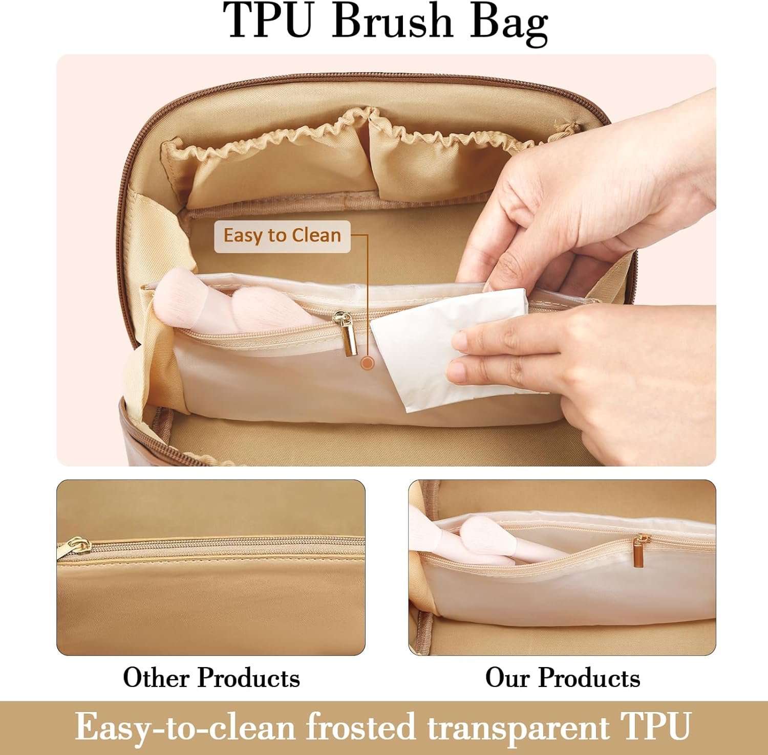 Marchio Bianco Borse Organizzatore Trucco con Iniziale, Set Regali Compleanno Donne Ragazze Adolescenti Borsa Cosmetica Viaggio Aperta Piatta con Logo Personalizzato Divisore Trasparente Maniglia Beige A Fabbrica