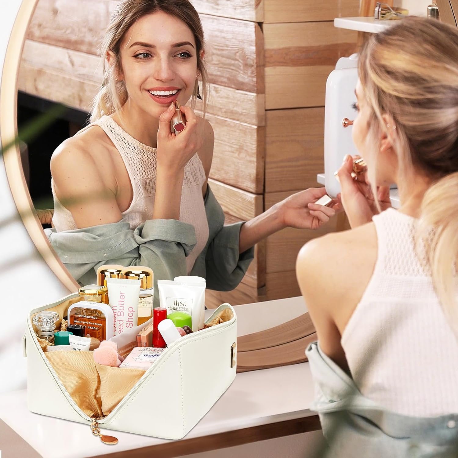 Marchio Bianco Borse Organizzatore Trucco con Iniziale, Set Regali Compleanno Donne Ragazze Adolescenti Borsa Cosmetica Viaggio Aperta Piatta con Logo Personalizzato Divisore Trasparente Maniglia Beige A Fabbrica