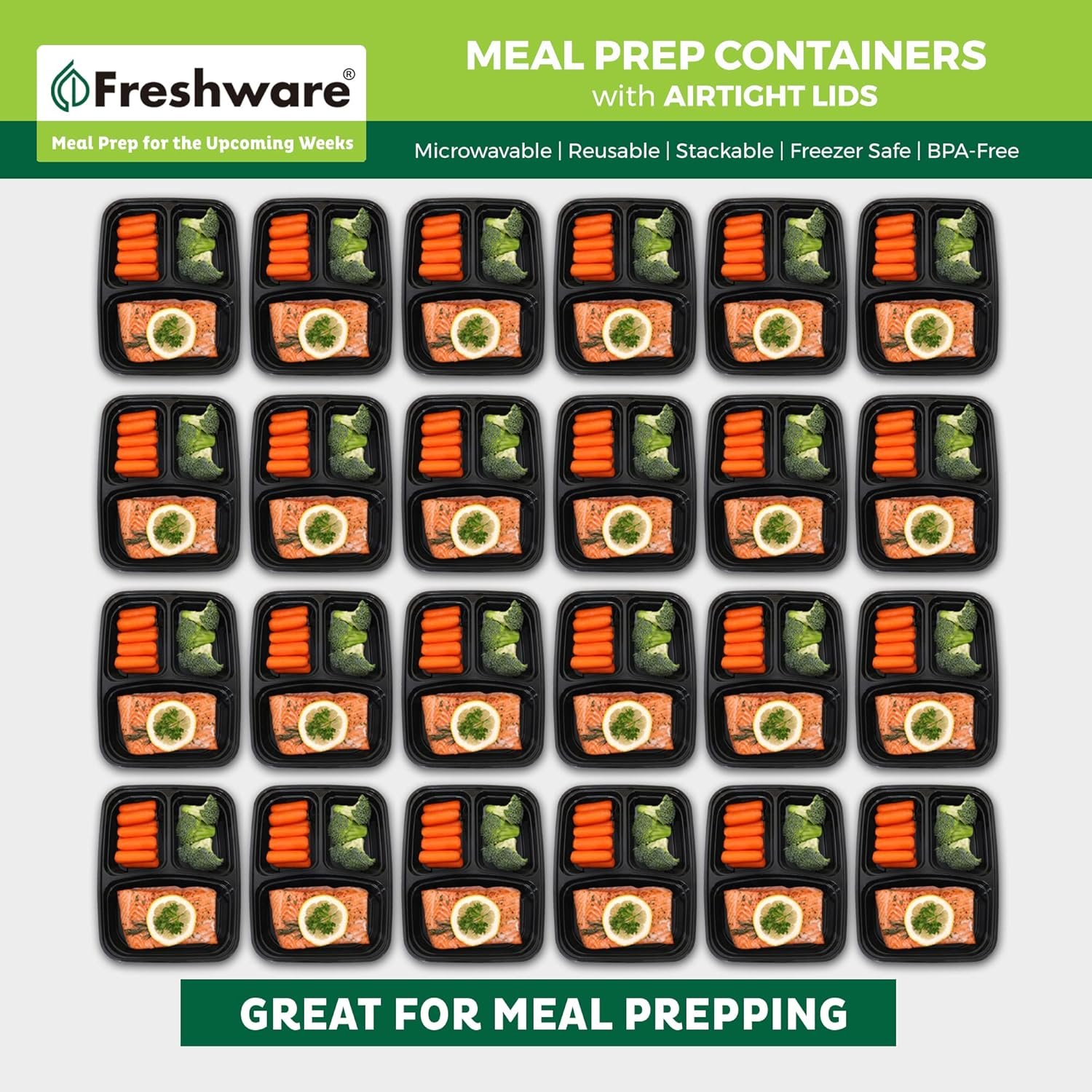 Logo Personalizzato Contenitori Meal Prep [50 pz] 3 Scomparti con Coperchi Marchio Bianco Bento Box Senza BPA Impilabili Microonde/Lavastoviglie/Congelatore del Produttore (24 oz)