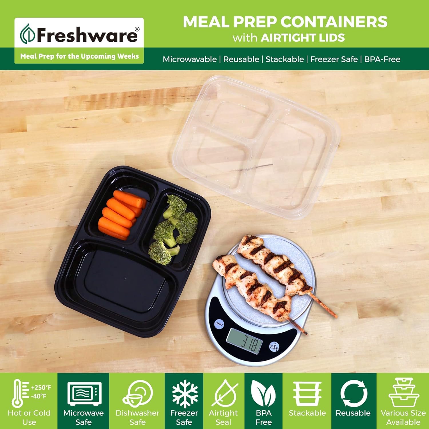 Logo Personalizzato Contenitori Meal Prep [50 pz] 3 Scomparti con Coperchi Marchio Bianco Bento Box Senza BPA Impilabili Microonde/Lavastoviglie/Congelatore del Produttore (24 oz)
