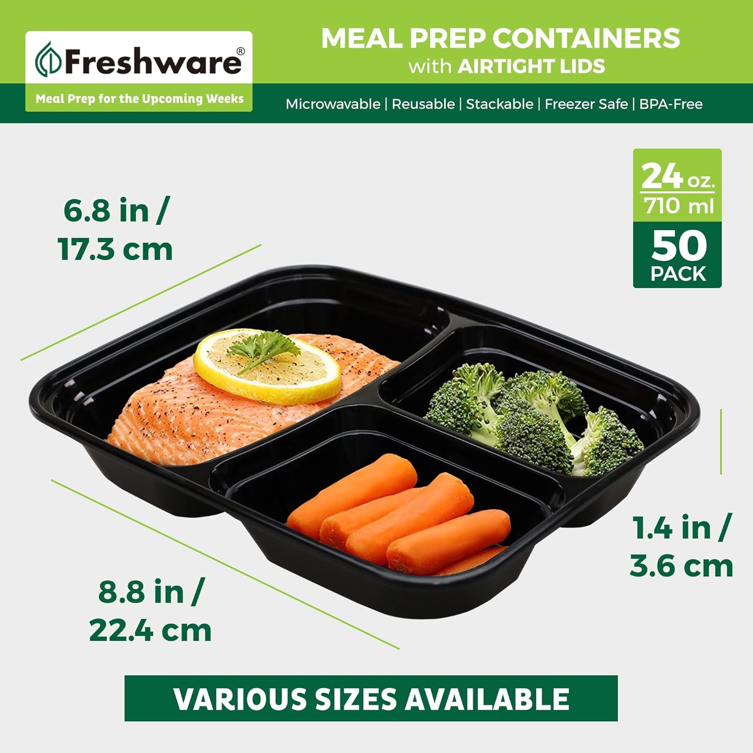 Logo Personalizzato Contenitori Meal Prep [50 pz] 3 Scomparti con Coperchi Marchio Bianco Bento Box Senza BPA Impilabili Microonde/Lavastoviglie/Congelatore del Produttore (24 oz)